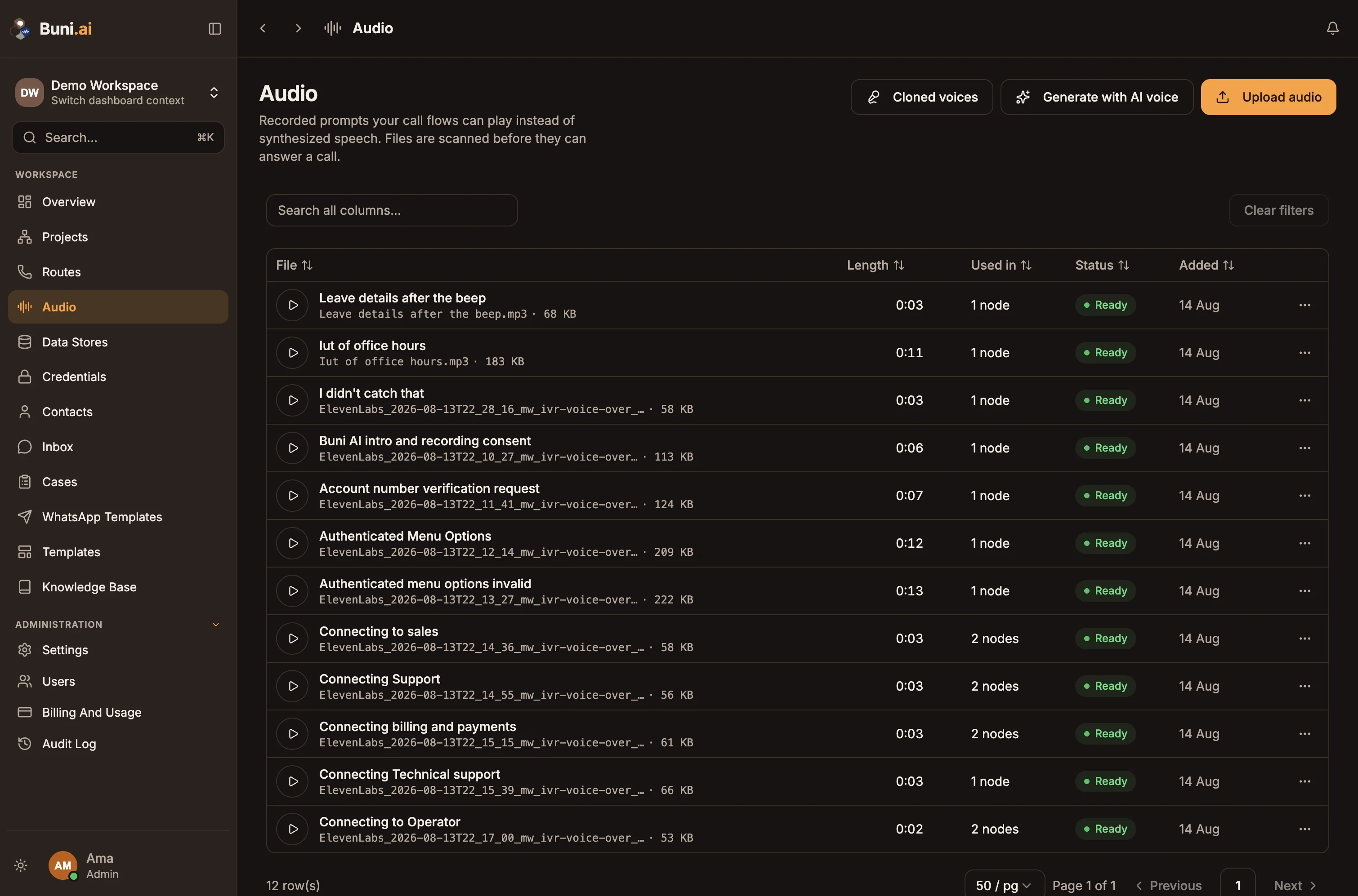 The Audio page listing demo audio files with their length, where they are used and a Ready status