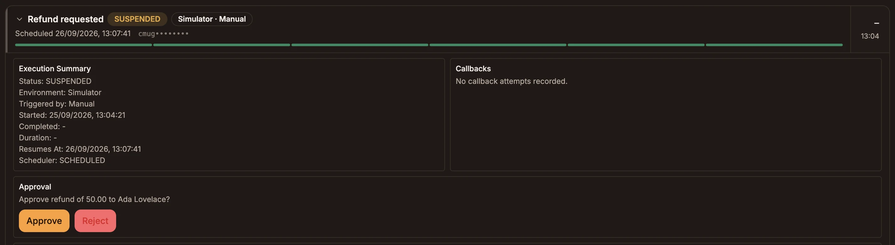A waiting run opened in the Activity tab, with the approval message and Approve and Reject buttons