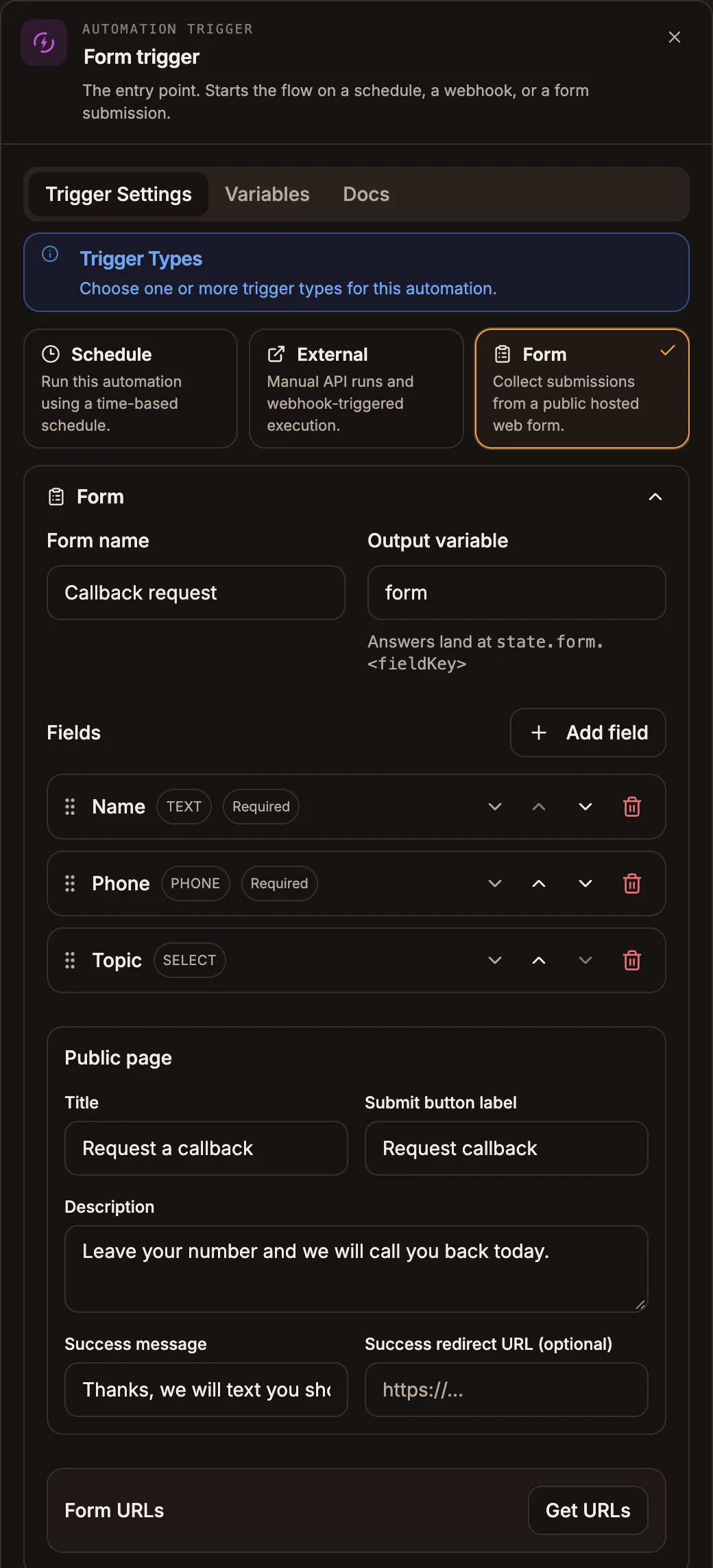 The Form trigger settings showing the form name, output variable, a list of fields and the Public page section