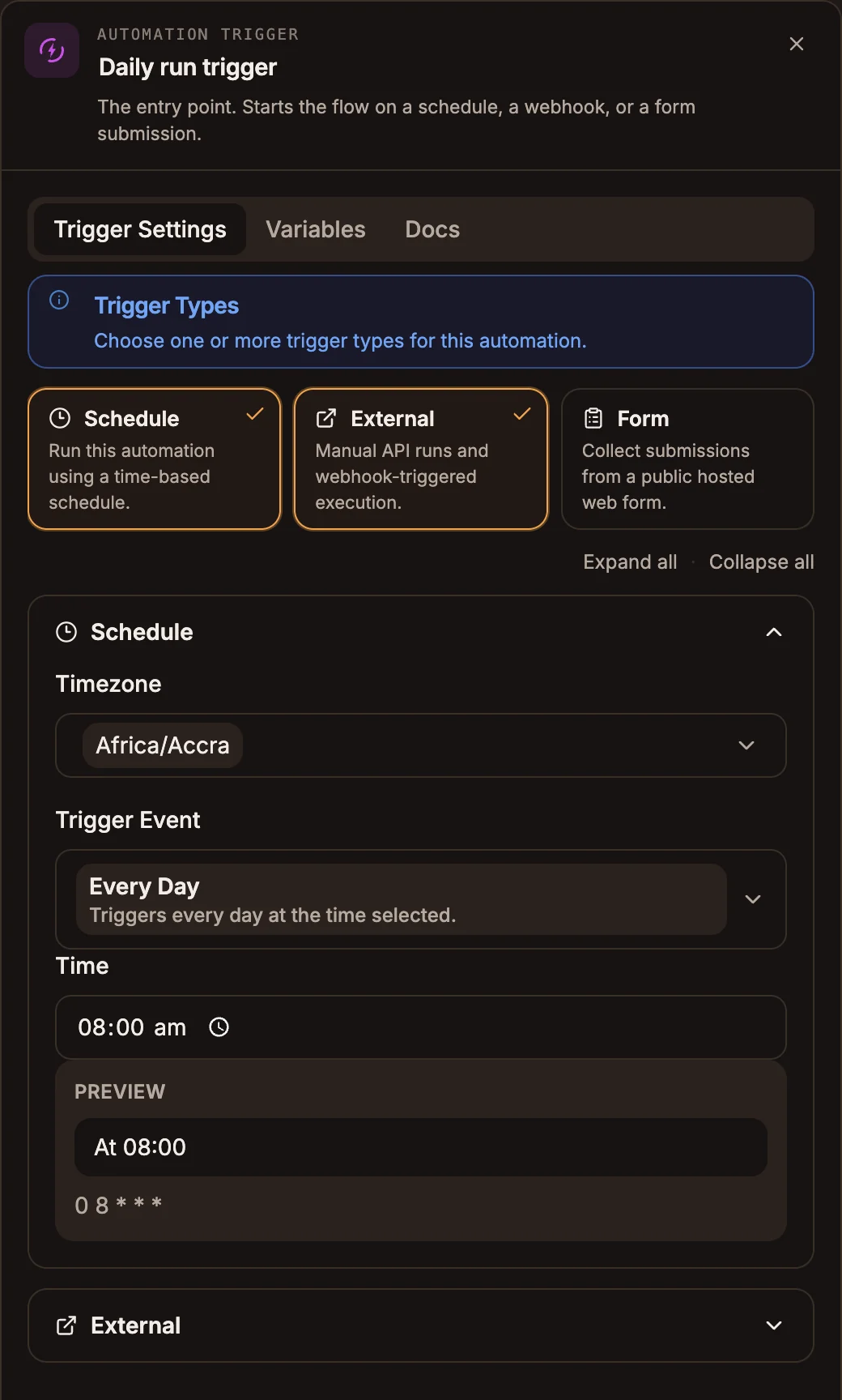 The automation trigger node's Trigger Settings tab with the Schedule, External and Form tiles