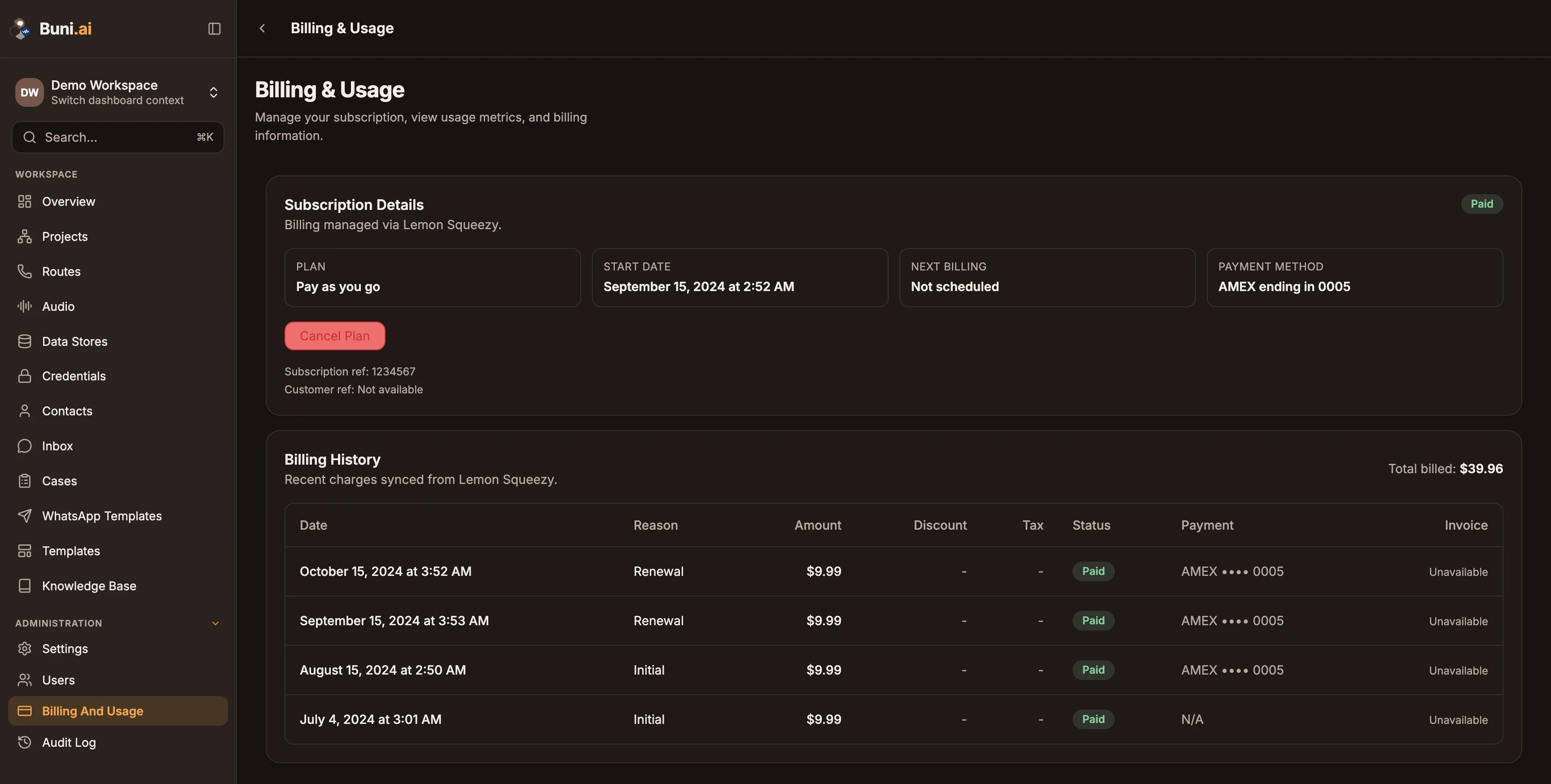 The Billing and Usage page with the subscription card showing plan, status, start date, next billing date and payment method