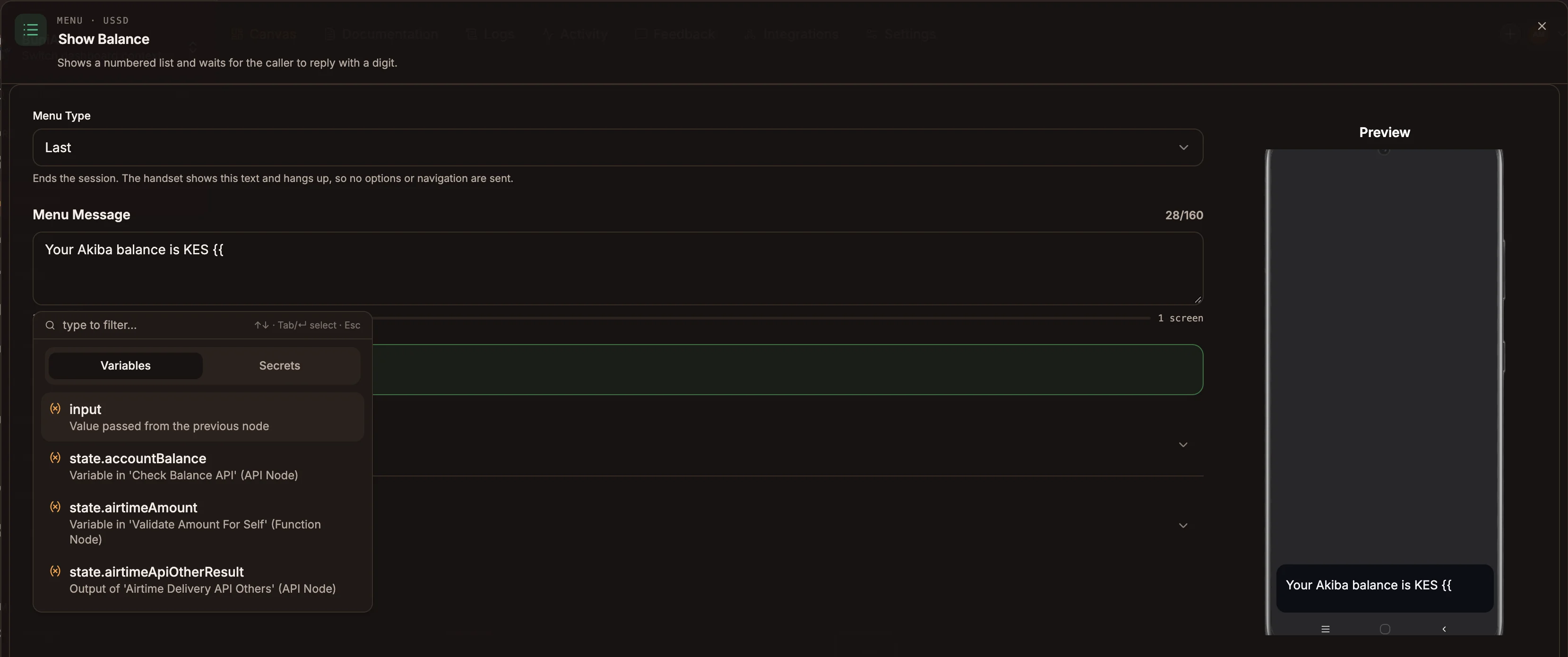 The variable picker open under a text field, showing the Variables and Secrets tabs