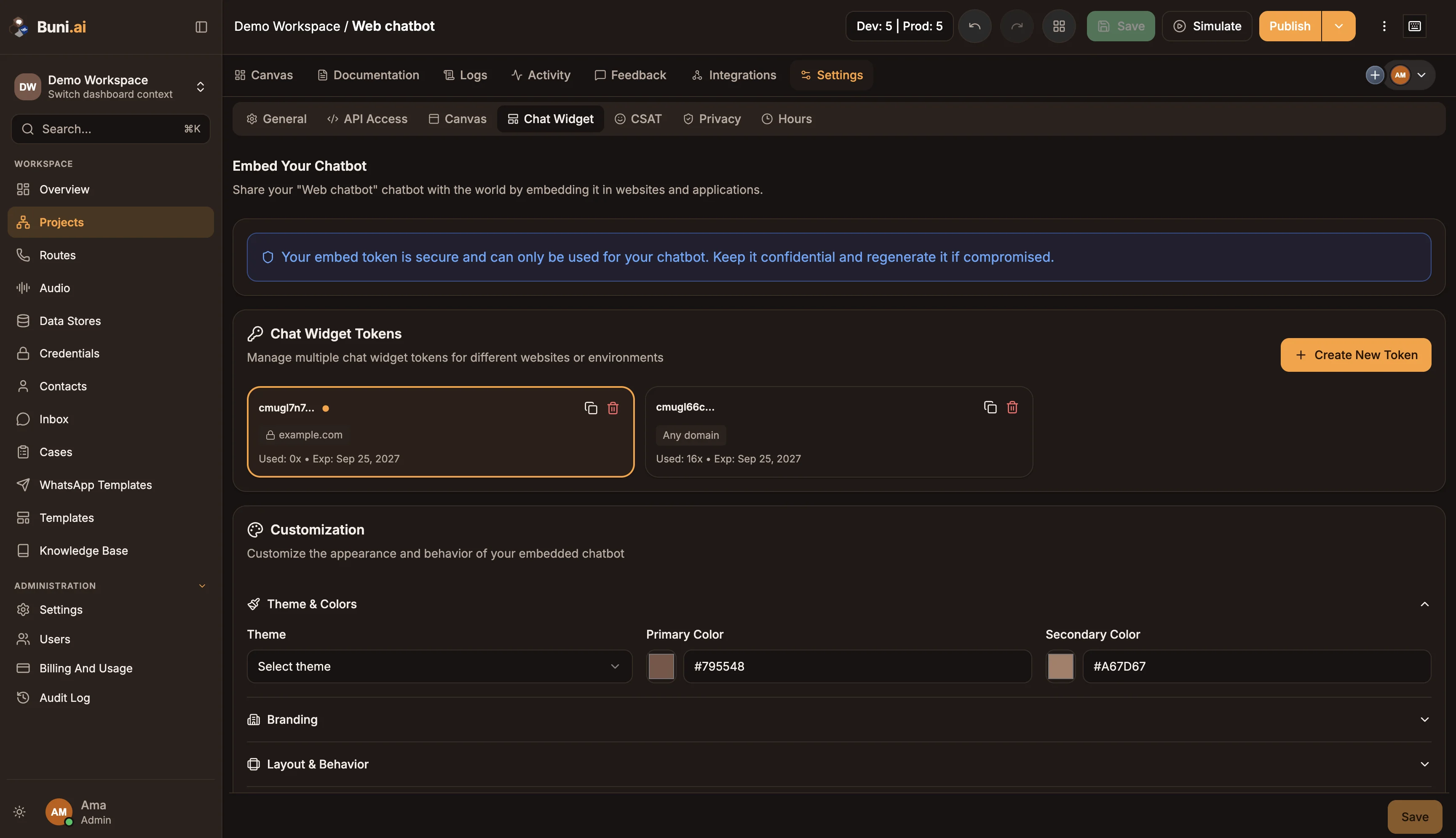 The Chat Widget settings tab with the Chat Widget Tokens list, the Customization accordions and the Live Preview