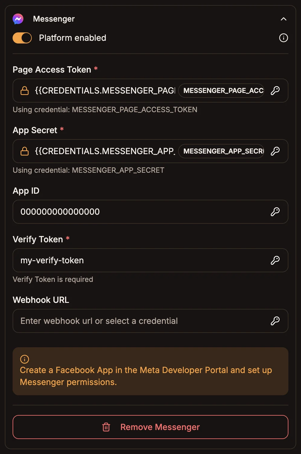 The Messenger section of the trigger node's Platforms tab with Page Access Token, App Secret, App ID, Verify Token and Webhook URL fields, using placeholder values