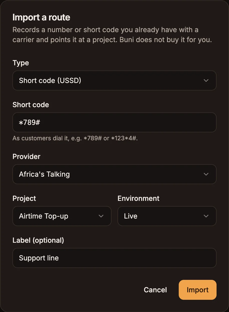 The Import a route dialog with Type set to Short code (USSD), a placeholder short code, Africa's Talking as provider and a USSD project selected