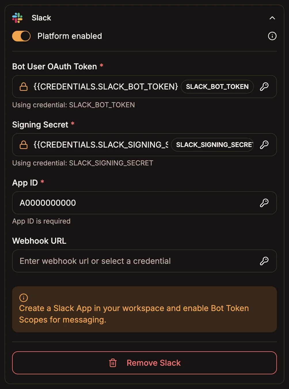 The Slack section of the trigger node's Platforms tab with Bot User OAuth Token, Signing Secret, App ID and Webhook URL fields, using placeholder values
