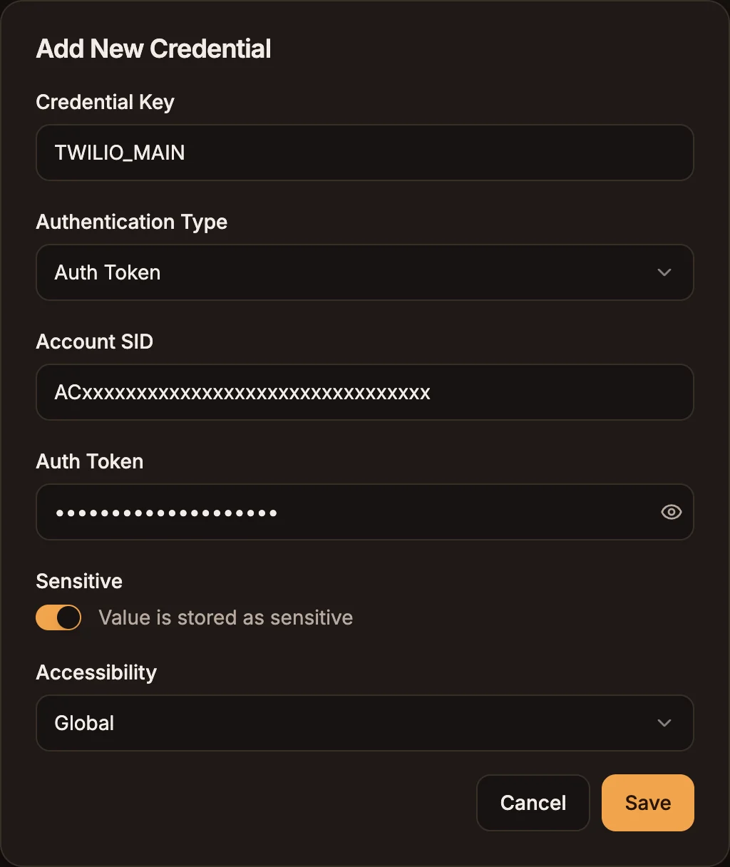 The Add New Credential dialog for Twilio with Authentication Type set to Auth Token and placeholder values in Account SID and Auth Token