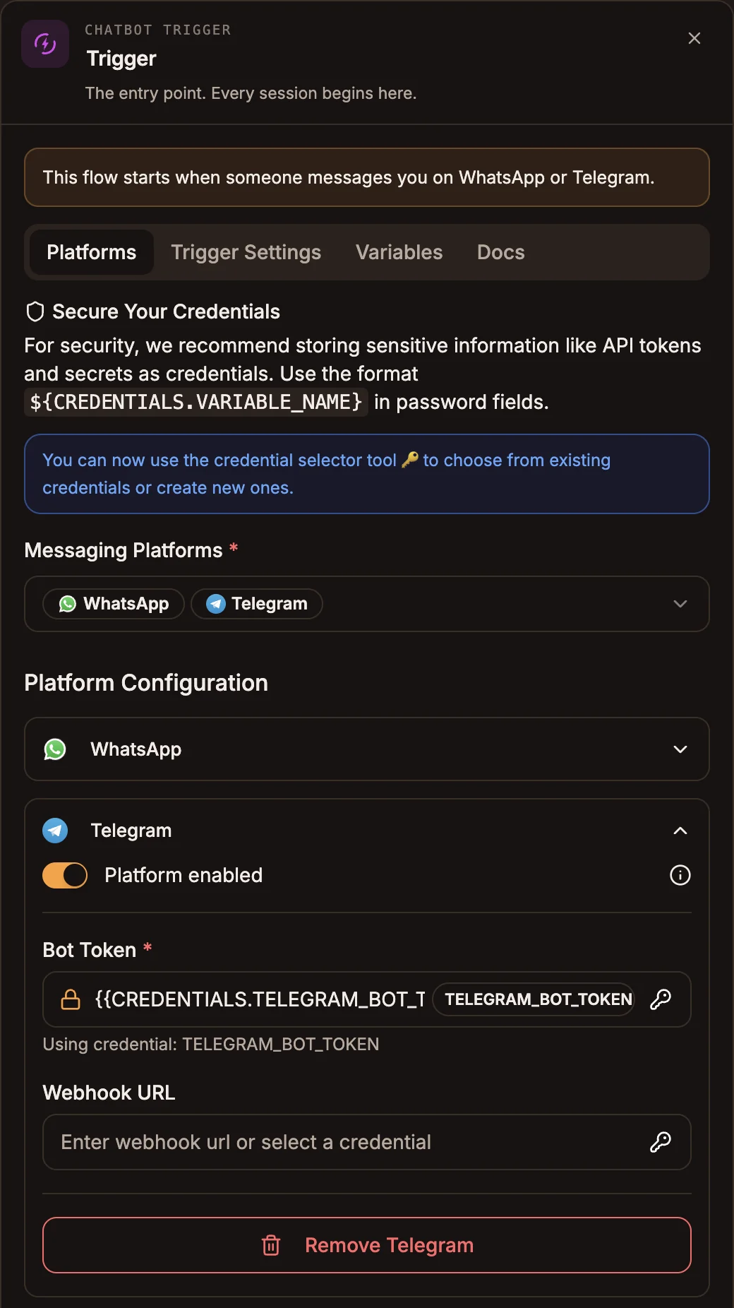 The chatbot trigger node's Platforms tab with WhatsApp and Telegram selected and their configuration sections expanded