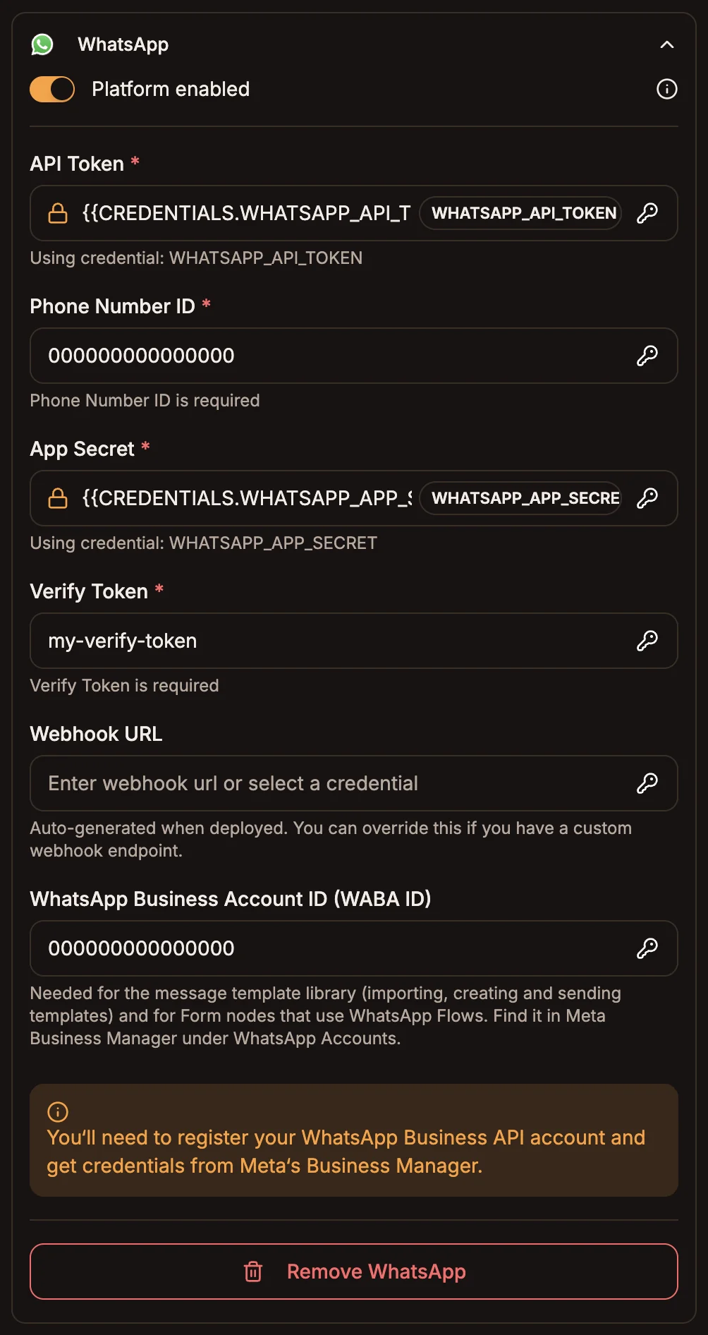 The WhatsApp section of the trigger node's Platforms tab with API Token, Phone Number ID, App Secret, Verify Token, Webhook URL and WABA ID fields filled with placeholder values