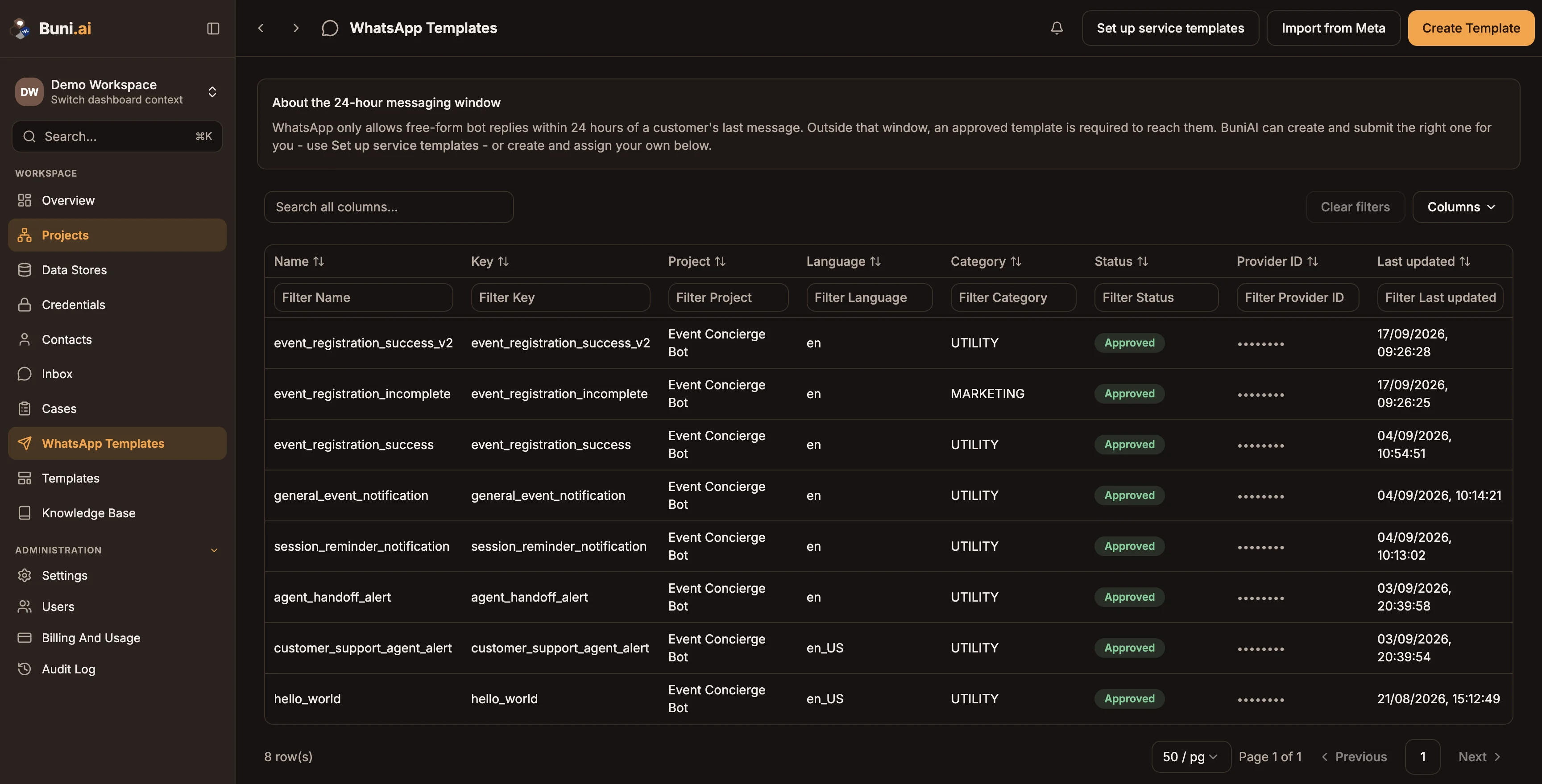 The WhatsApp Templates page with the Set up service templates, Import from Meta and Create Template buttons and a list of templates with statuses