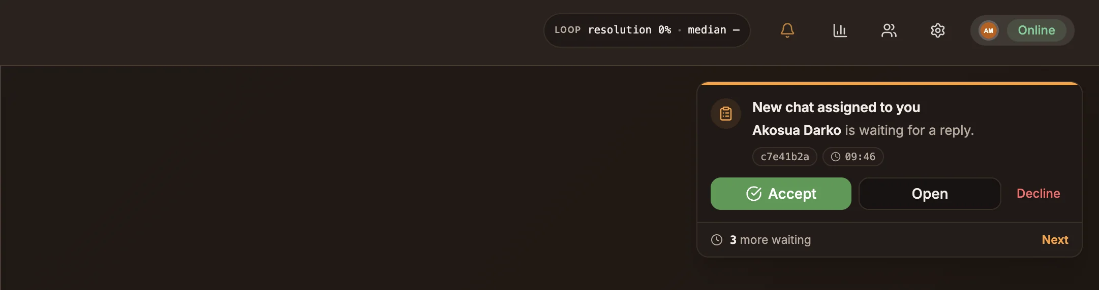 The Inbox showing a New chat assigned to you card with Accept, Open and Decline buttons