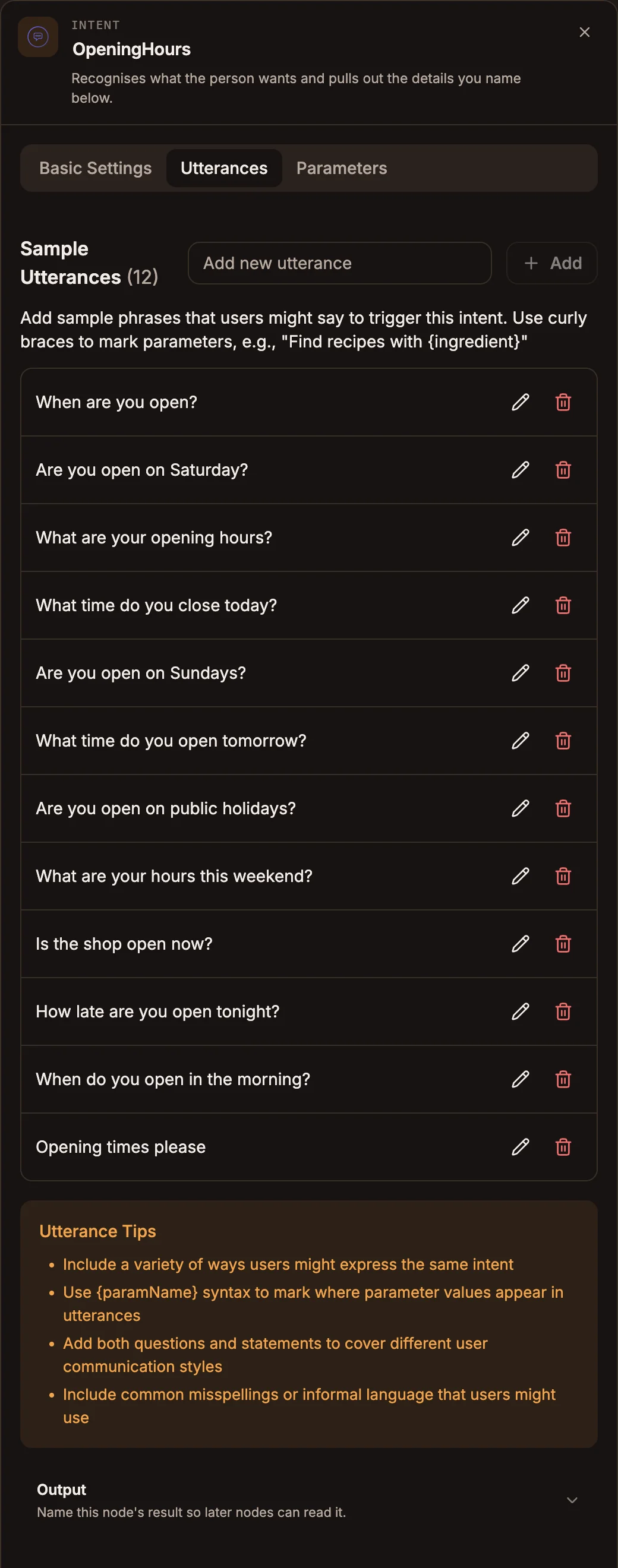 The Intent panel open on the Utterances tab, listing sample utterances with an Add new utterance field