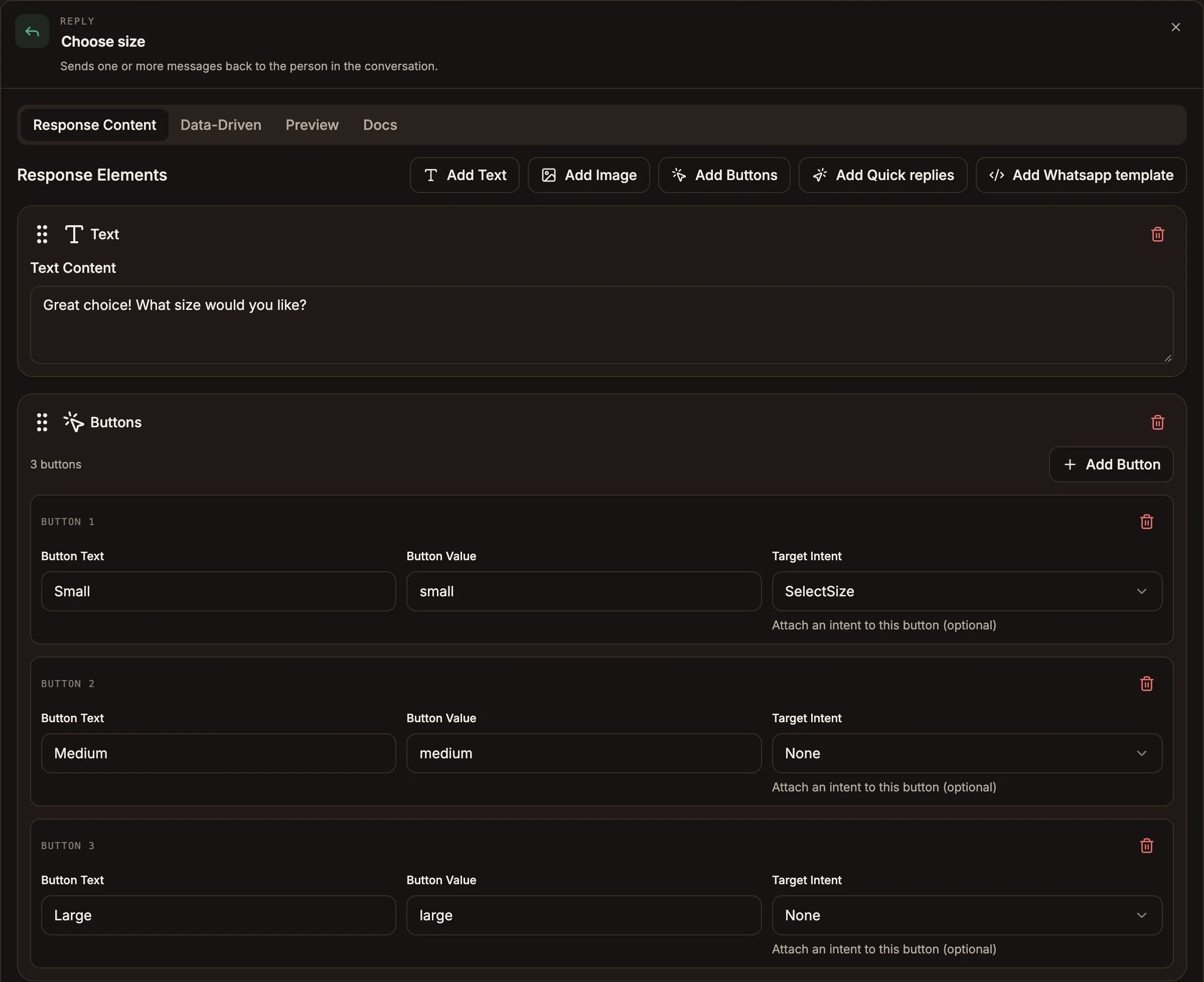 A Reply node's Response Content tab with a Buttons element showing Button Text, Button Value and a Target Intent dropdown