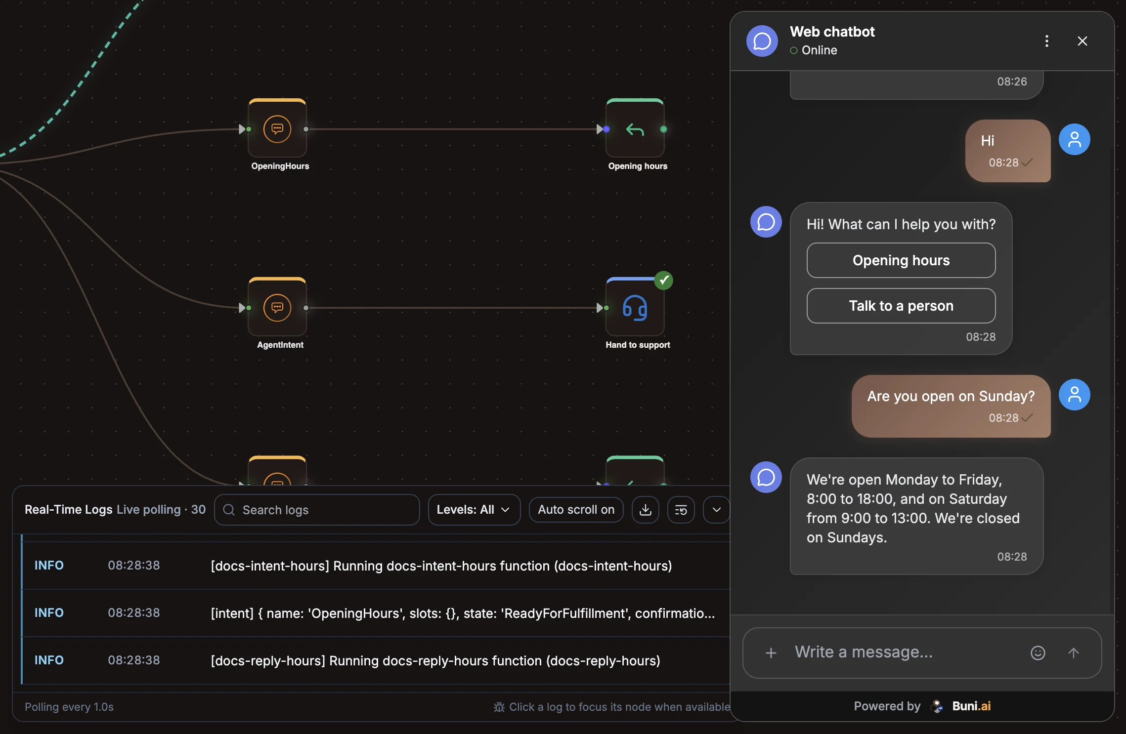 The canvas with the chatbot simulator open on the right and the live log panel at the bottom listing the nodes that ran