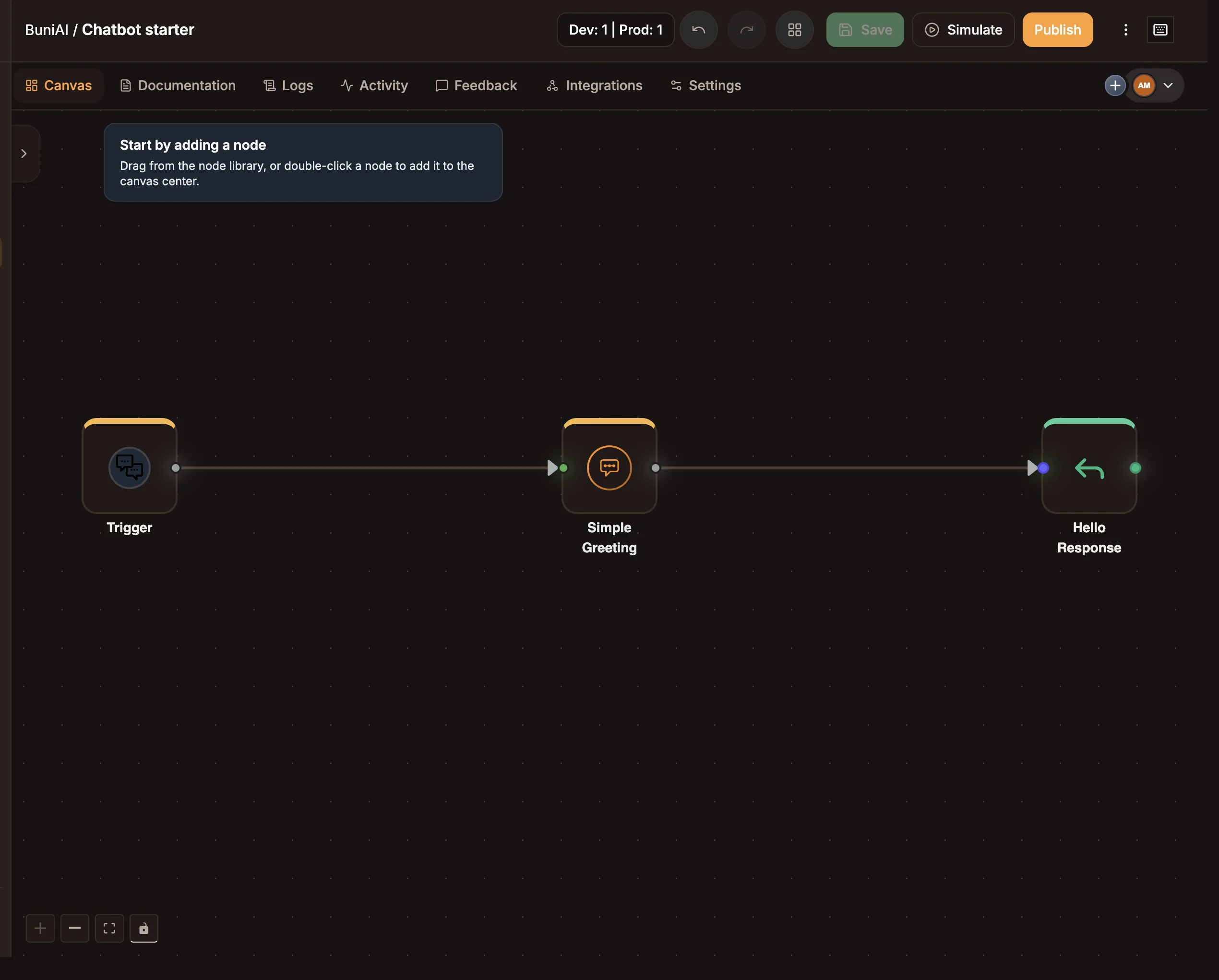 A new chatbot canvas with a Trigger node connected to a Simple Greeting intent, which connects to a Hello Response reply