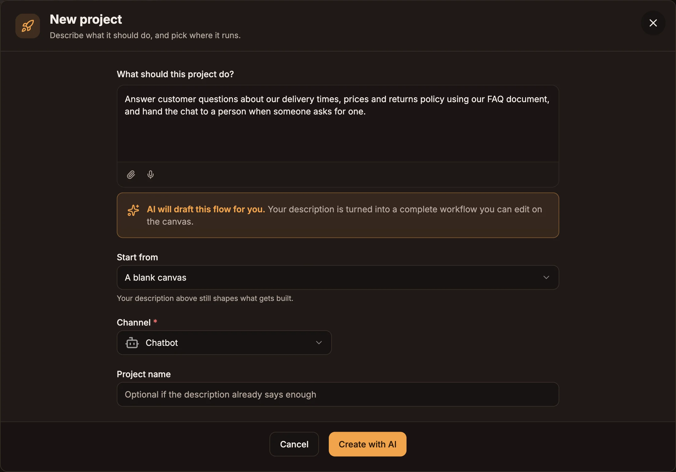 The New project dialog with a description filled in and Channel set to Chatbot