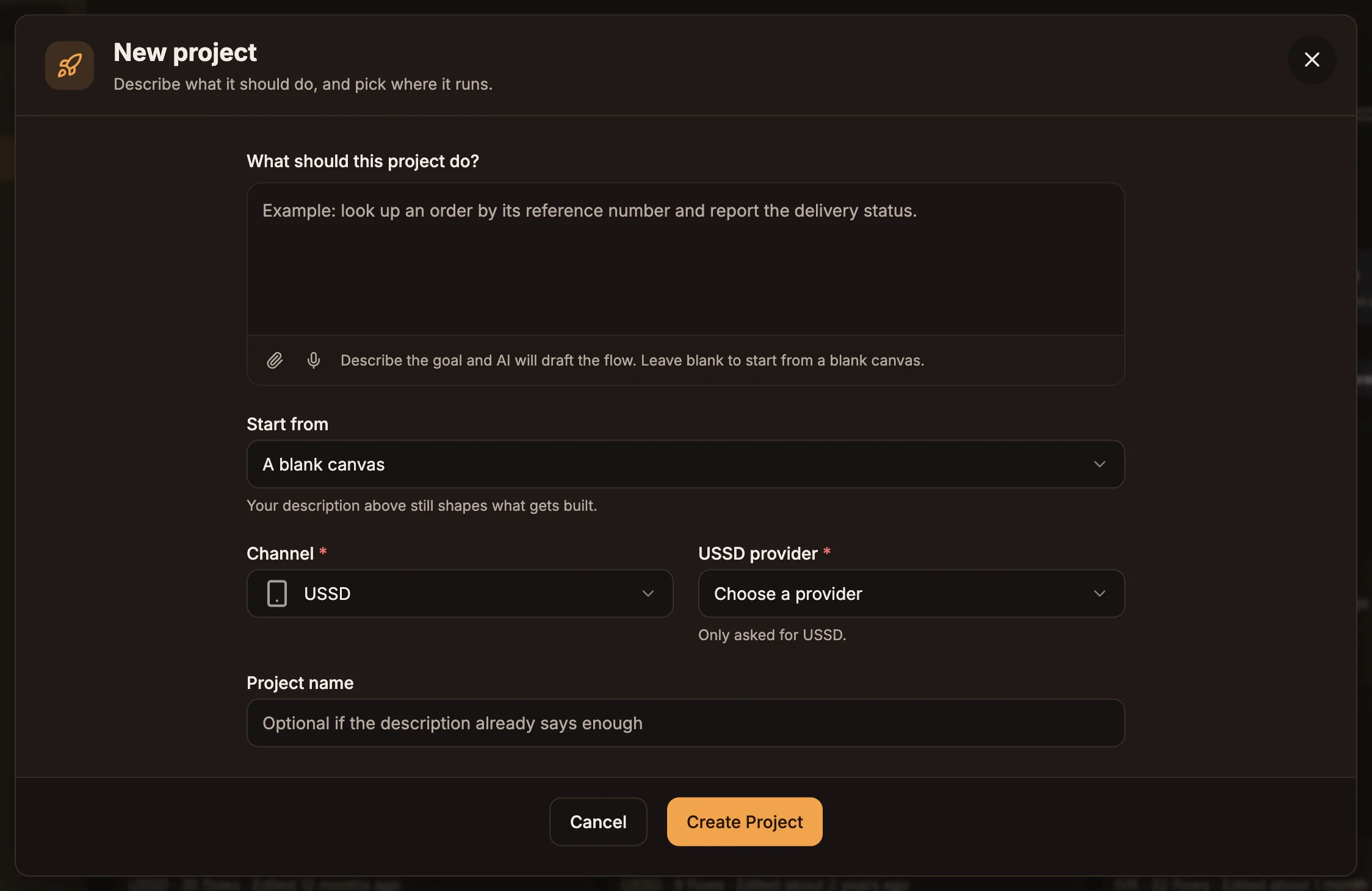 The New project dialog with the description box, Start from, Channel and Project name fields