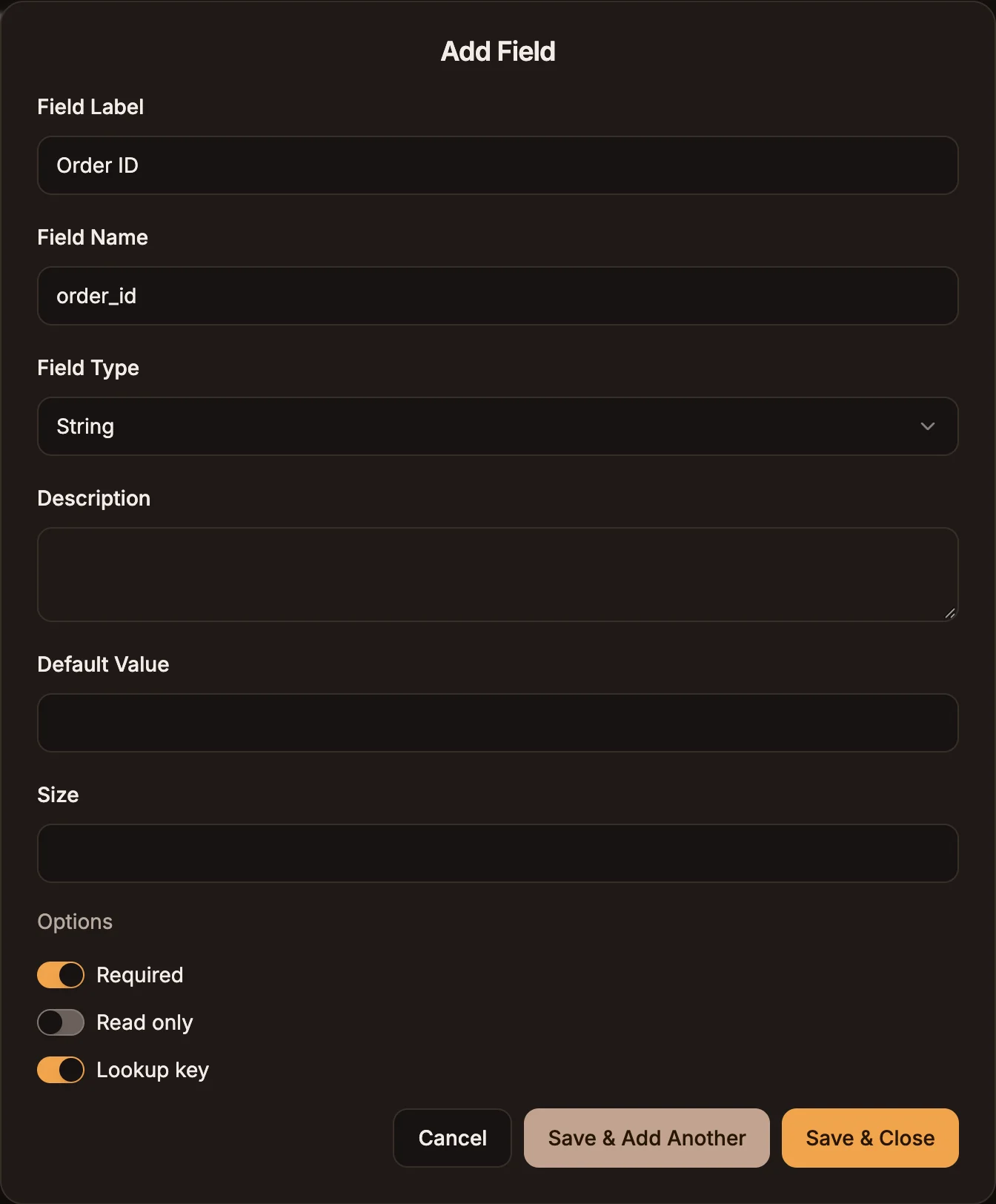 The Add field dialog with Field Label, Field Name, Field Type and the Required, Read only and Lookup key switches