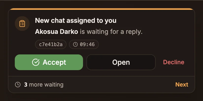 The New chat assigned to you card with Accept, Open and Decline buttons
