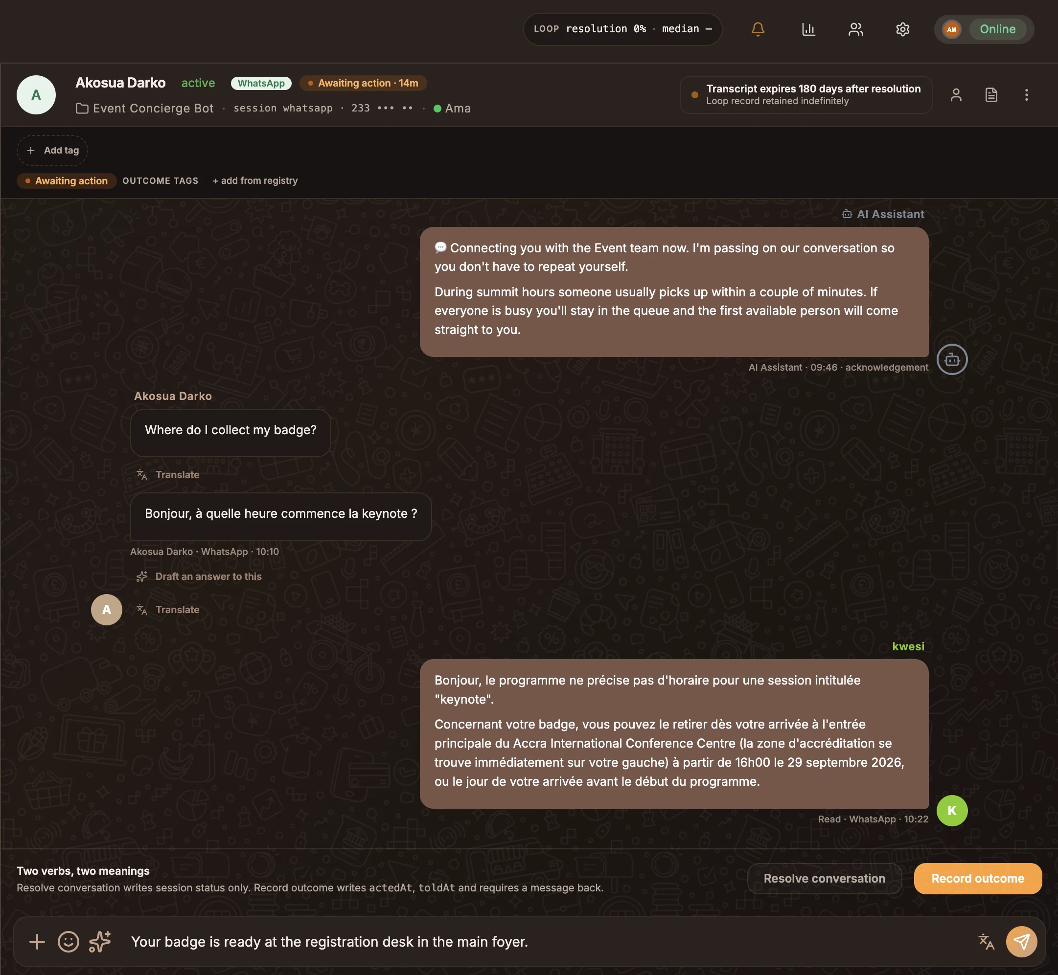 The Inbox composer with attachment, emoji, draft and translate buttons below an open conversation