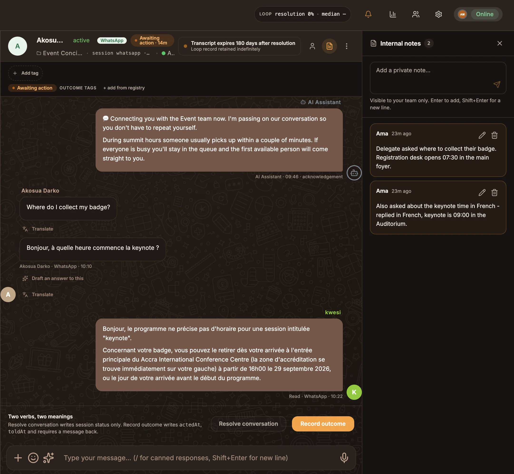 The Internal notes panel beside a conversation, with two notes from agents and the Add a private note box