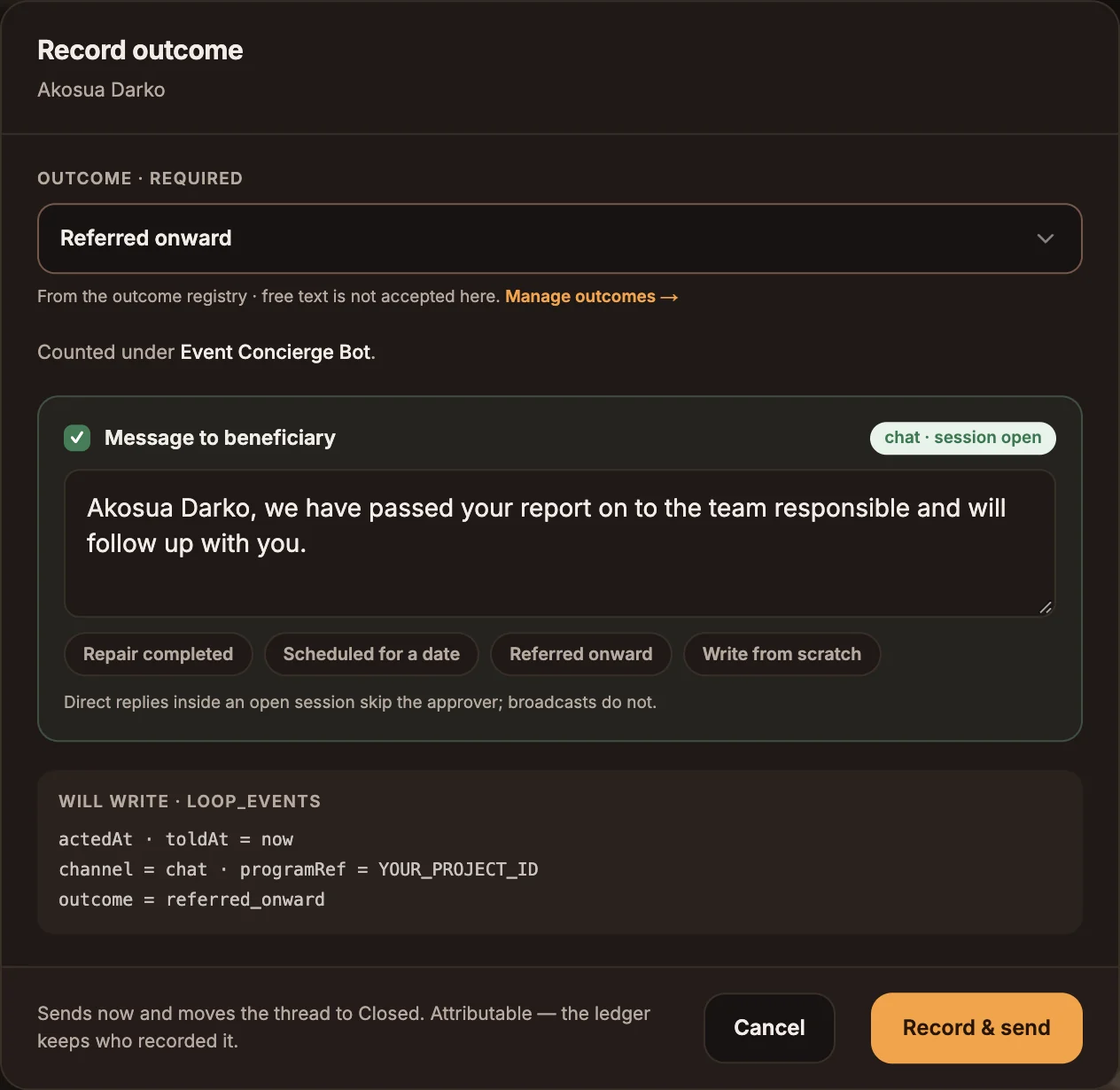 The Record outcome dialog with an outcome selected, a message to the customer and the Record and send button