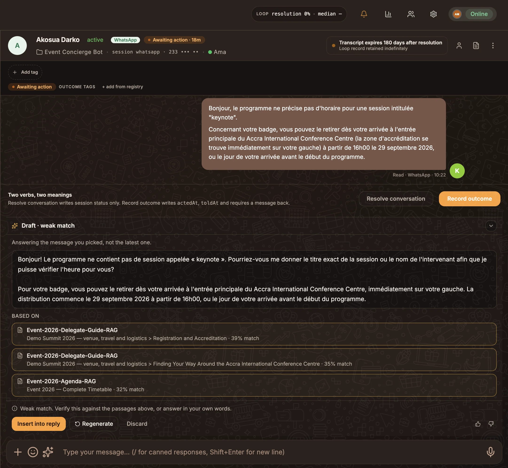 The Draft reply dock above the composer showing a drafted answer, the passages it was based on, and Insert into reply