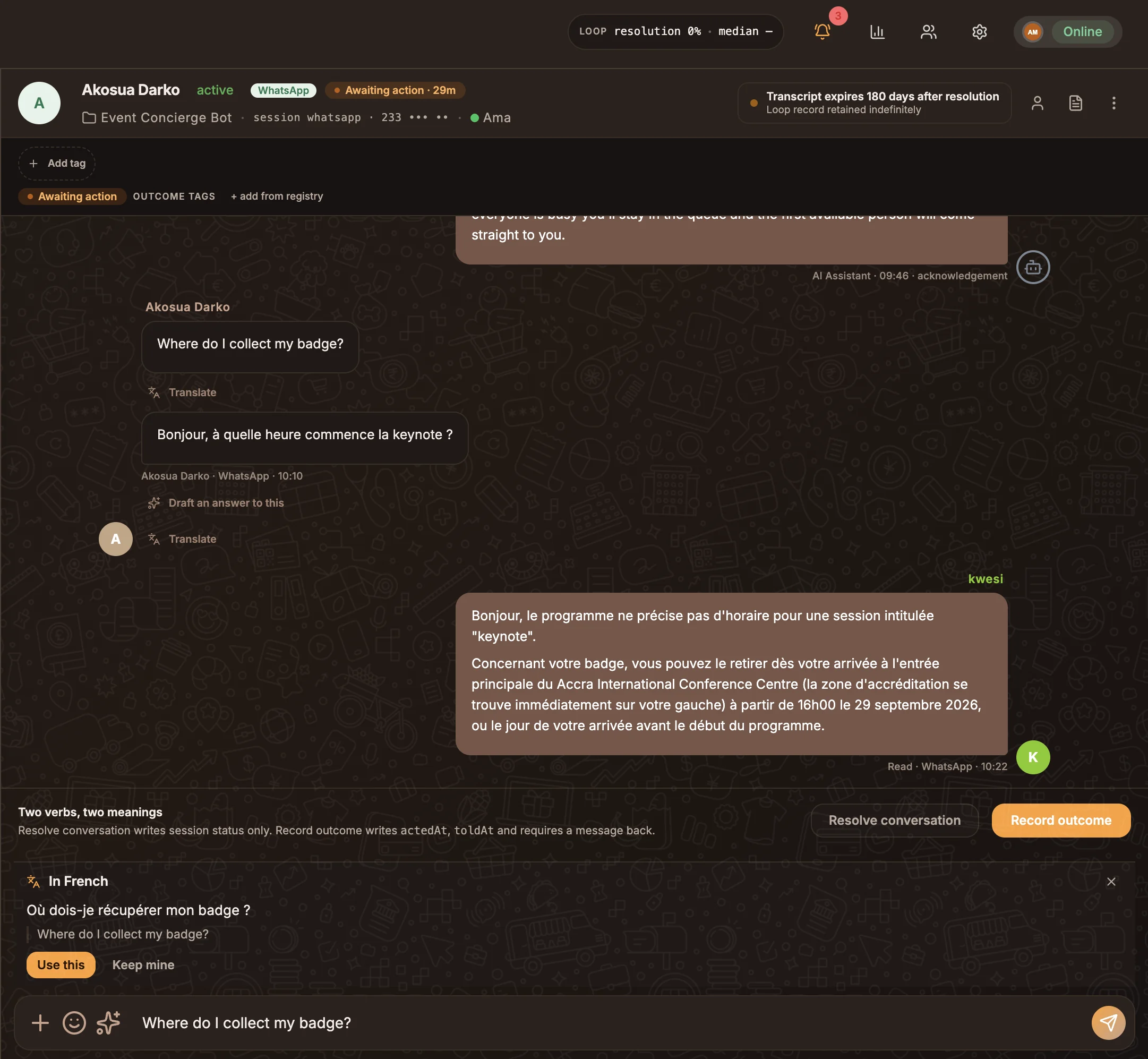 The translation dock above the composer showing a reply translated into French with Use this and Keep mine buttons