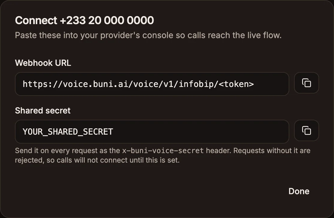 The voice webhook dialog showing the Webhook URL and Shared secret fields with copy buttons