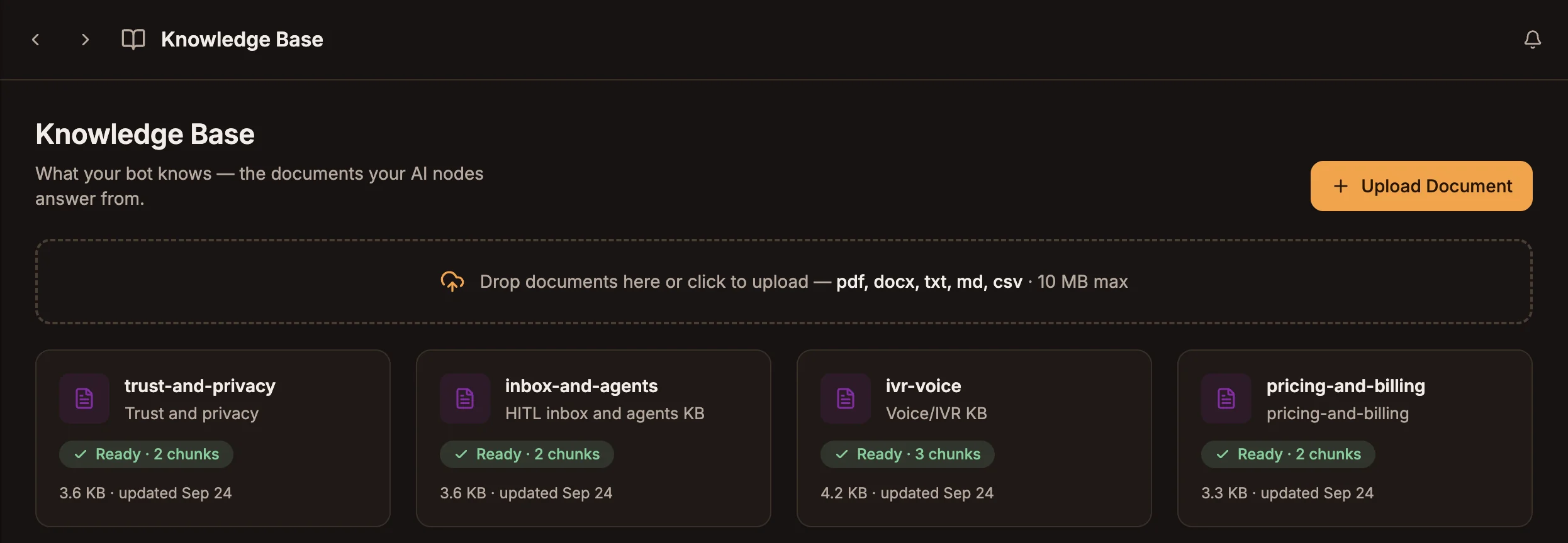 The Knowledge Base page listing documents with their index status and chunk counts