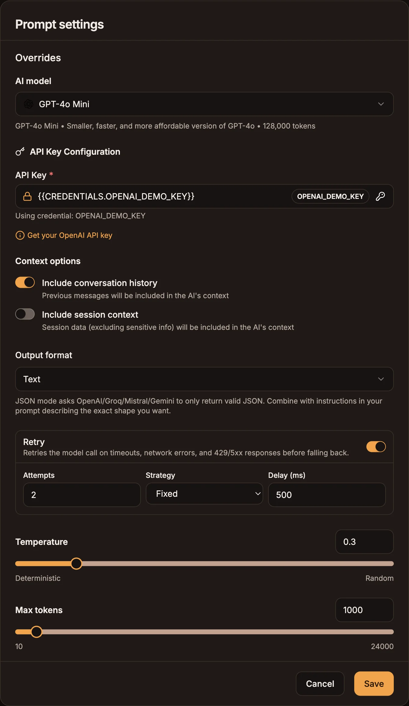 Prompt settings dialog with the AI model selector, API Key field, context options, output format, retry, temperature and max tokens