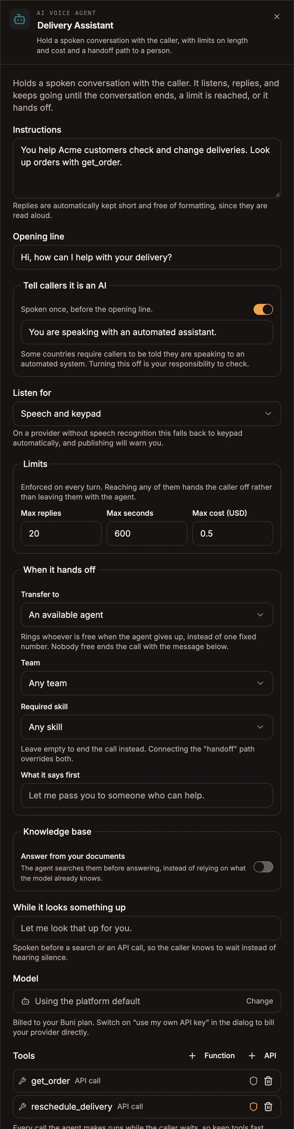 AI Voice Agent settings panel with instructions, opening line, limits and handoff filled in