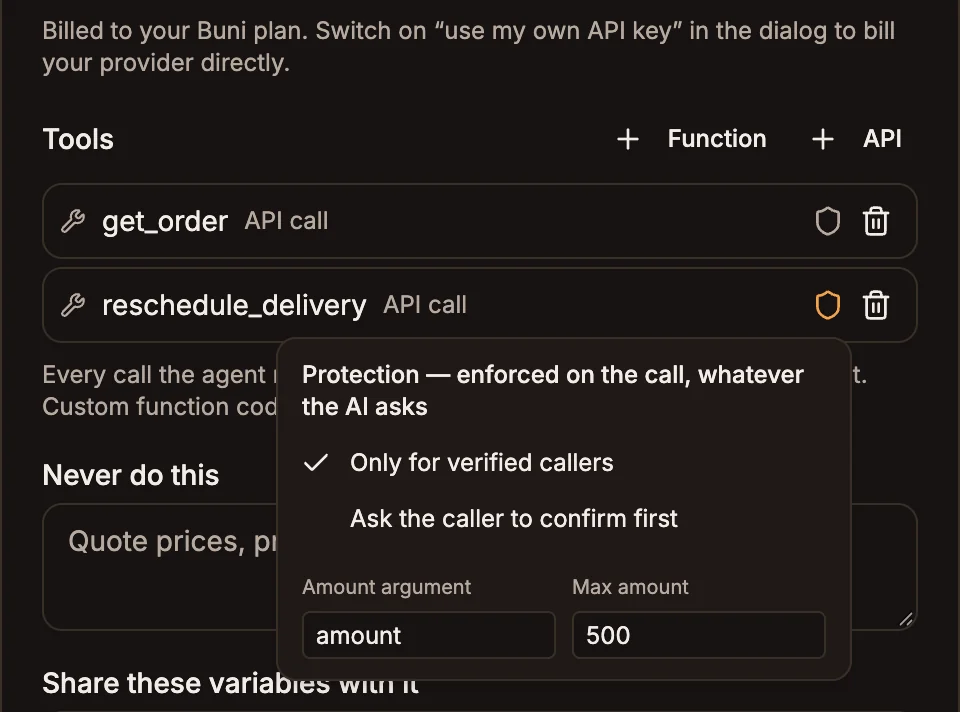 The protection menu on an AI Voice Agent tool, with Only for verified callers ticked and a max amount set