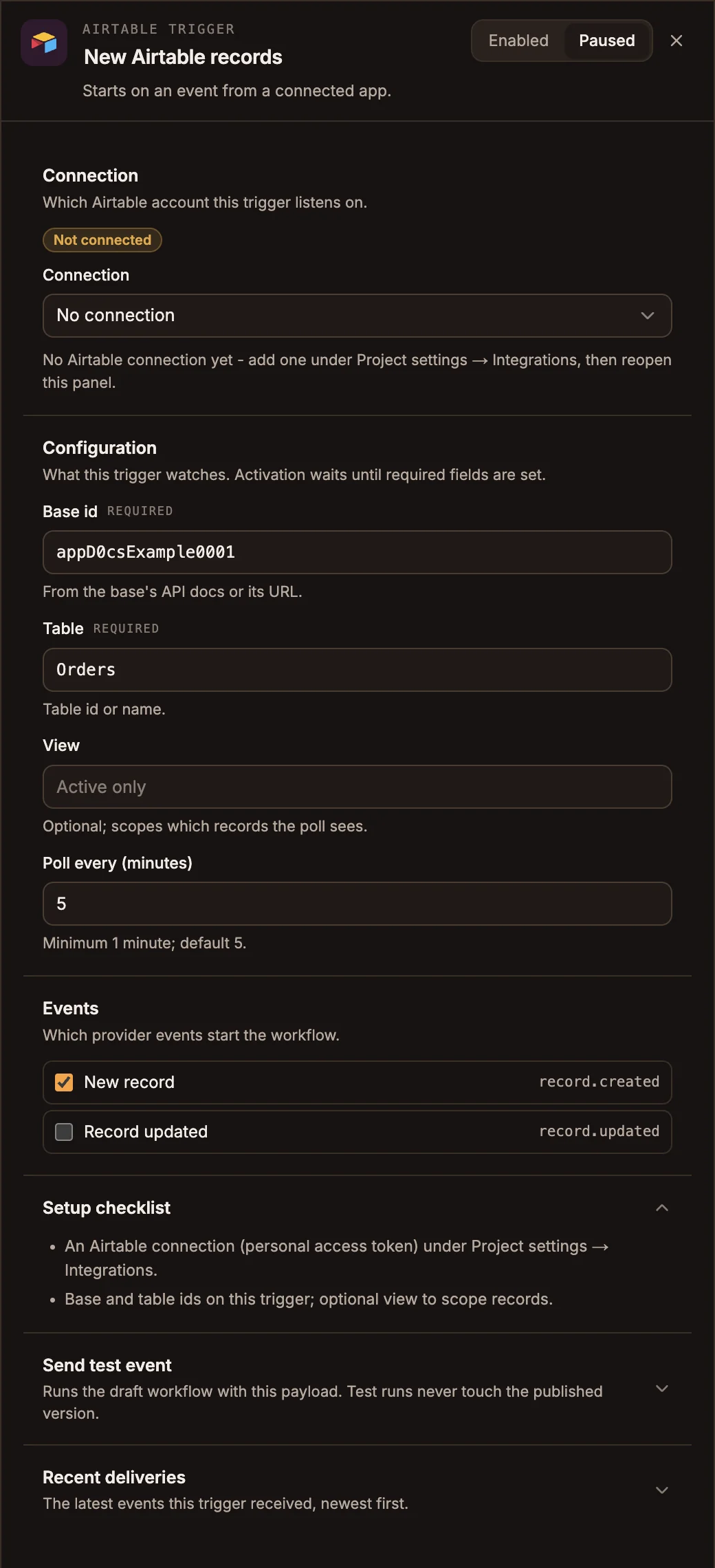 Airtable Trigger panel with the connection picker, the base id appD0csExample0001, the Orders table, an empty view, a 5-minute poll interval and New record selected