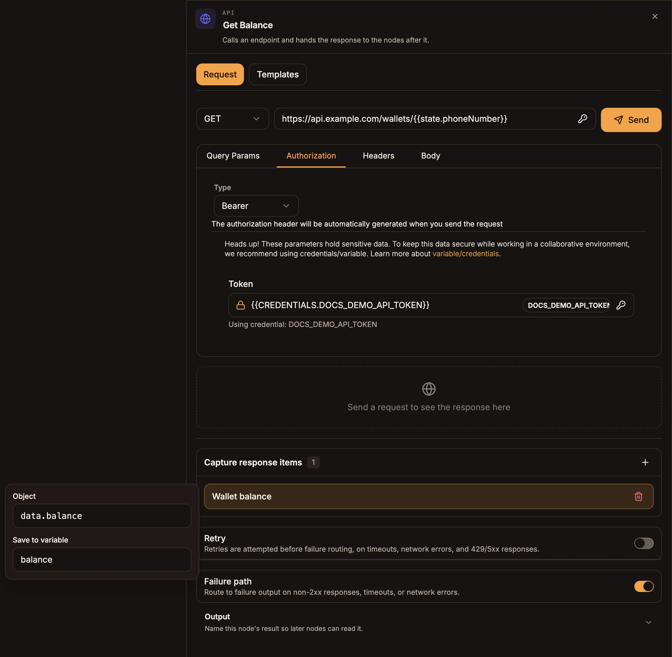 API panel on the Request tab with a POST request, the Body tab open and two capture response items