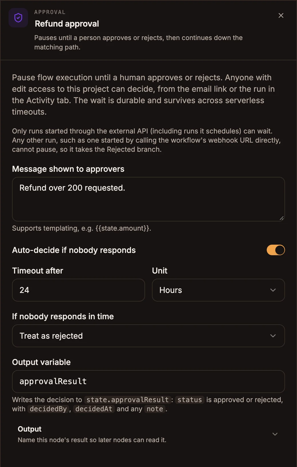Approval settings with a message, Auto-decide if nobody responds switched on, 24 hours, Treat as rejected