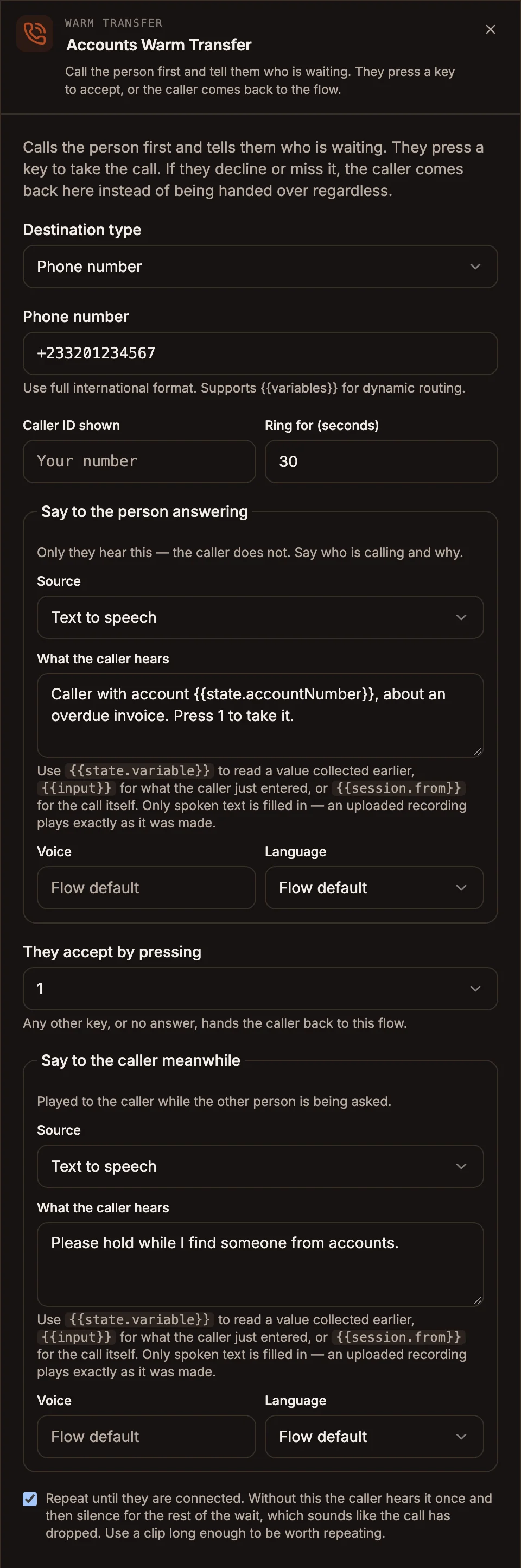 Warm Transfer settings panel with a phone number destination, an announcement and a hold message