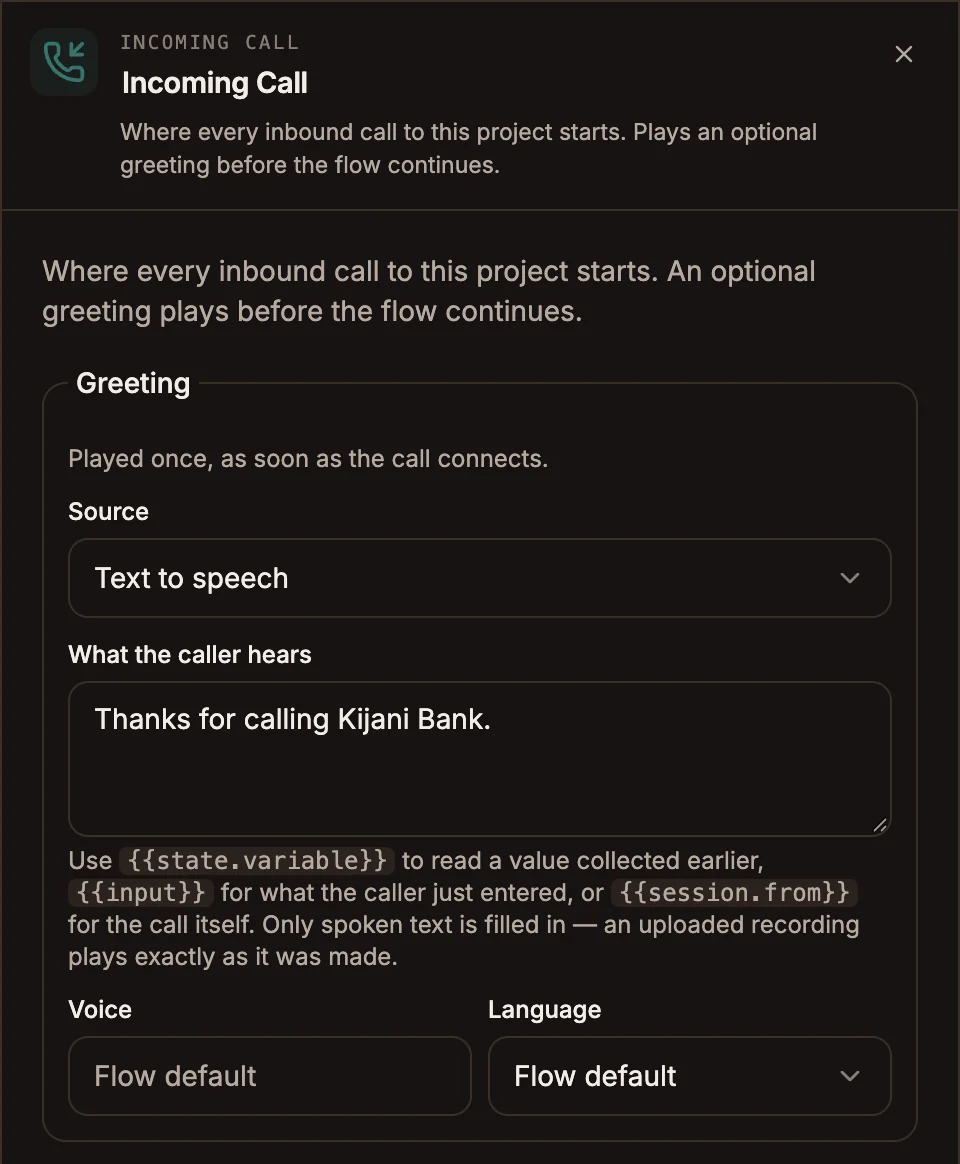 Incoming Call settings panel with Text to speech selected and a one-sentence greeting