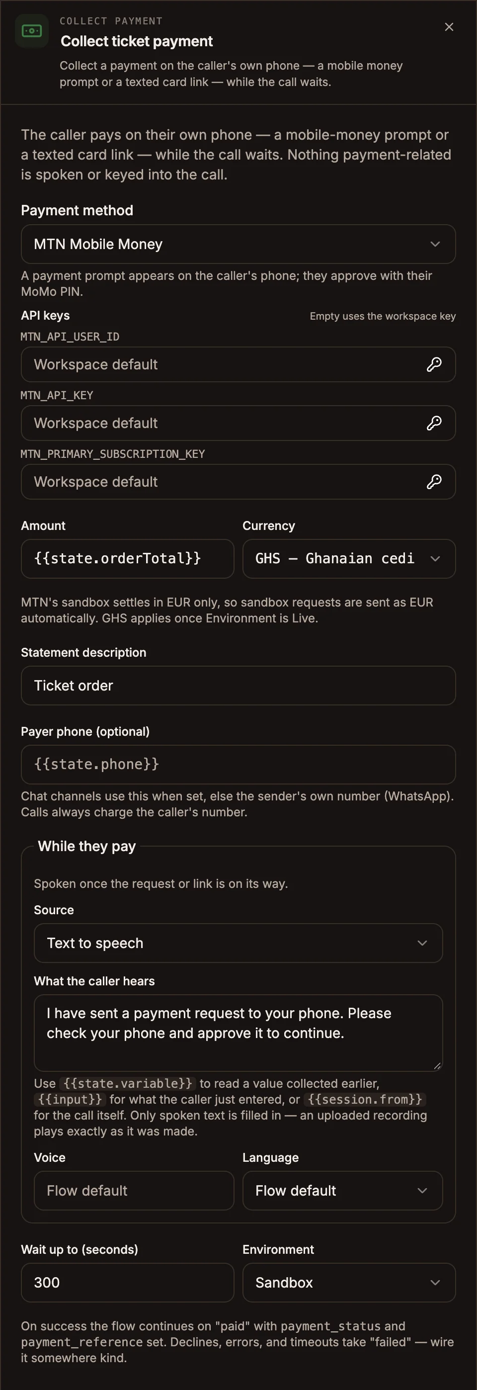 Collect Payment settings with Payment method MTN Mobile Money, Amount {{state.orderTotal}}, Currency GHS, Environment Sandbox