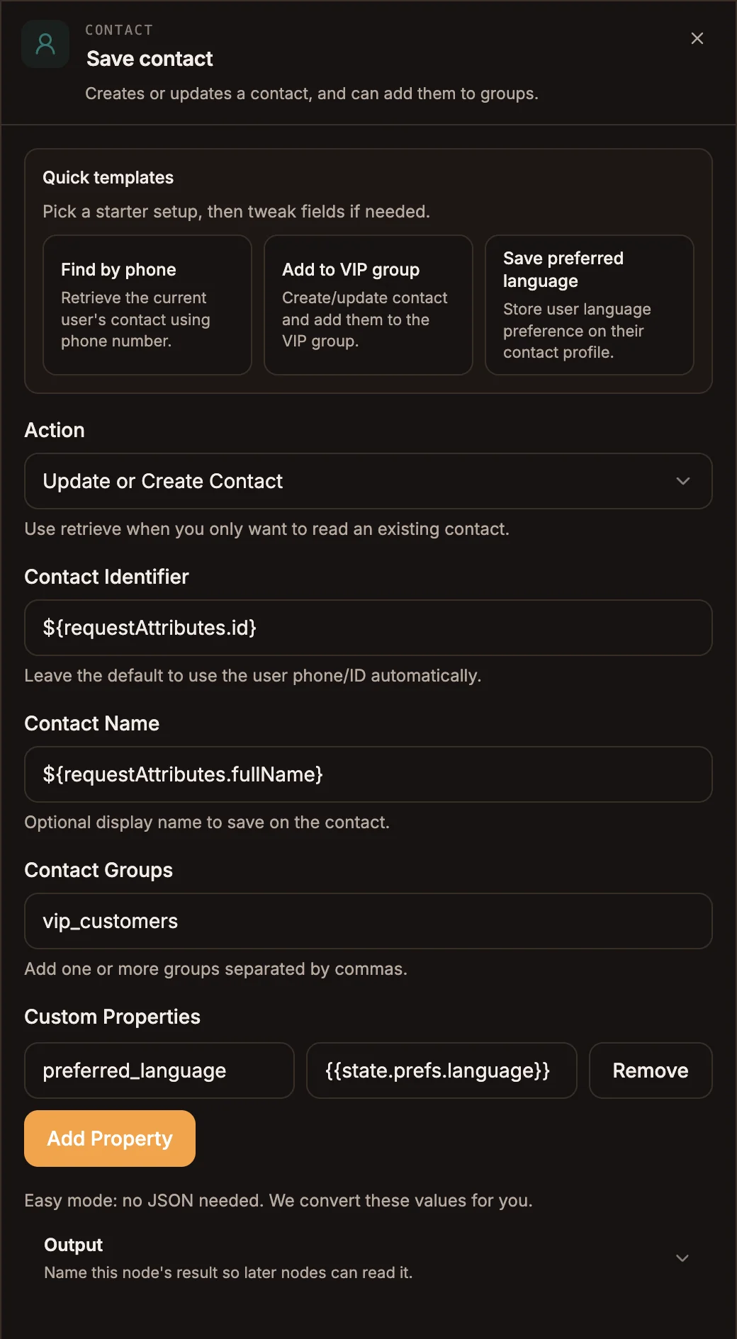 Contact settings with Action Update or Create Contact, a contact group ID, and a custom property preferred_language