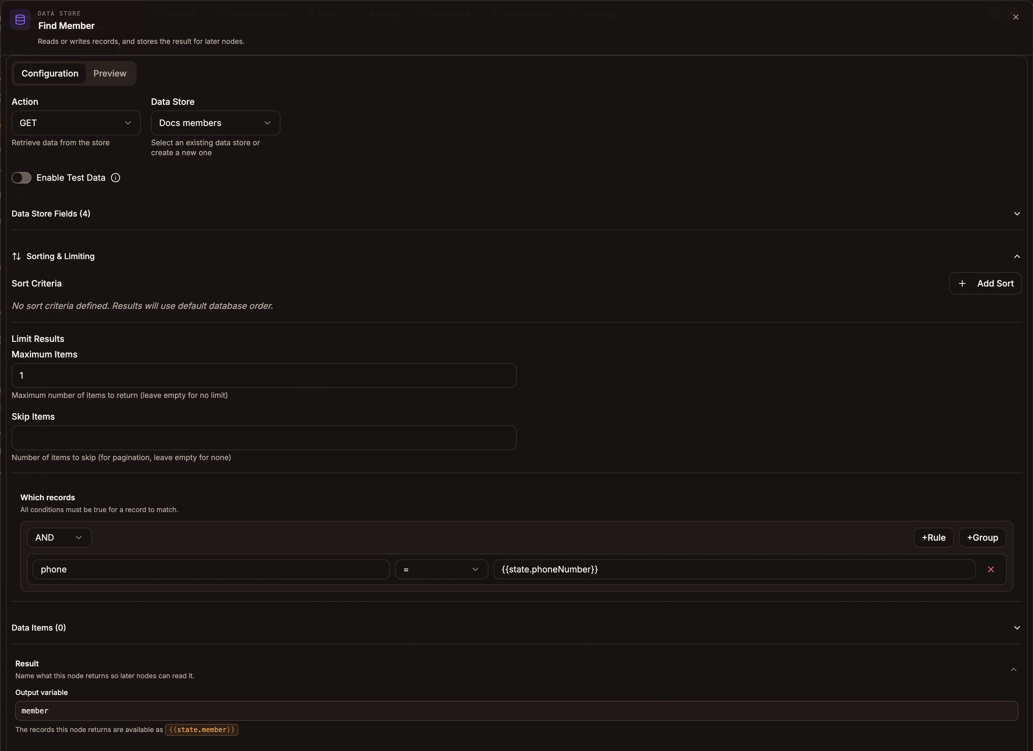 Data Store settings with Action GET, a customers store selected, and a condition phone equals {{state.phone}}