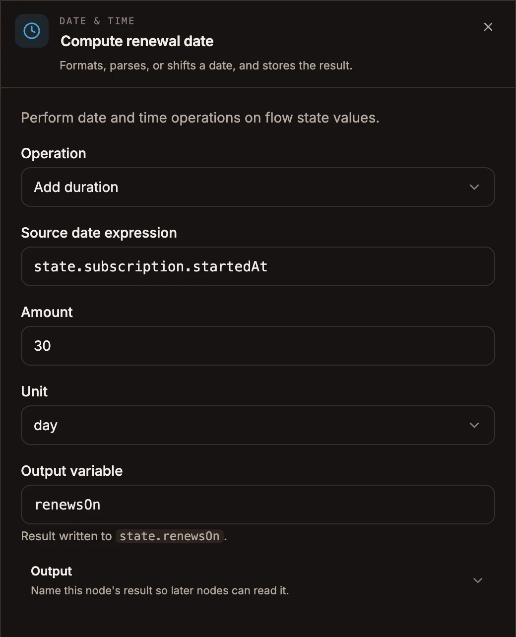 Date & Time settings with Operation Add duration, Source date expression state.createdAt, Amount 14, Unit day