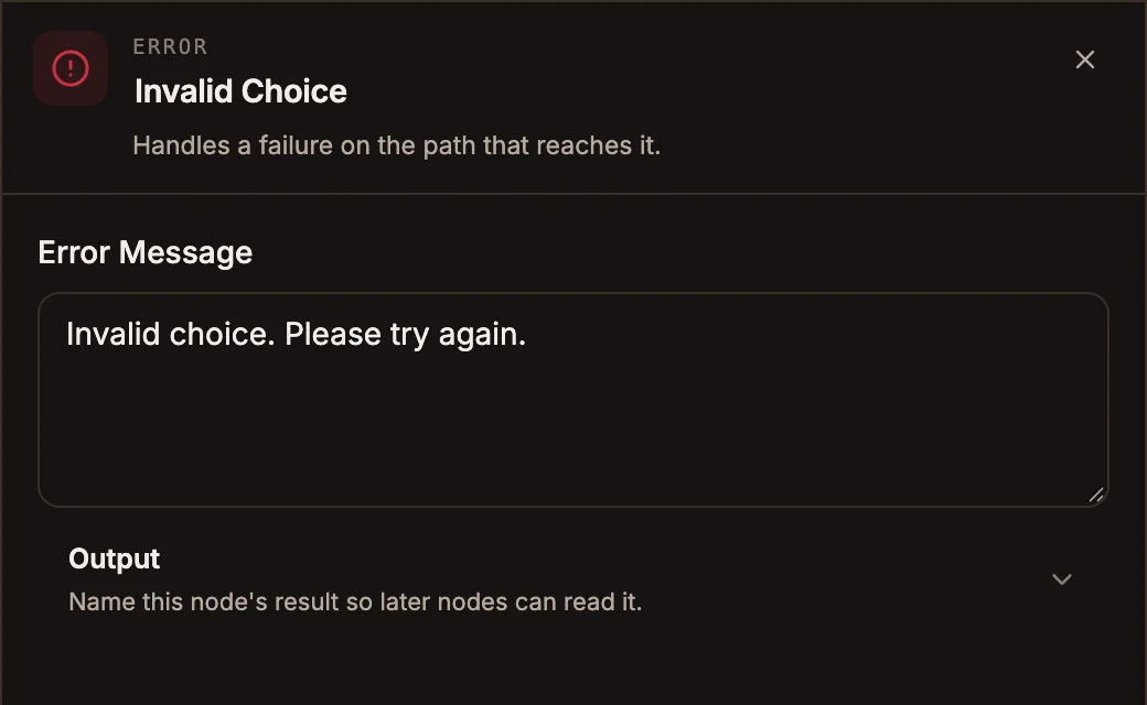Error settings with Error Message set to Invalid choice, please try again