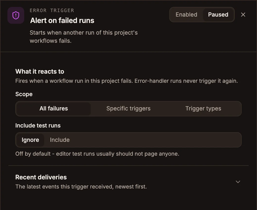 Error Trigger panel with Scope set to All failures and Include test runs set to Ignore