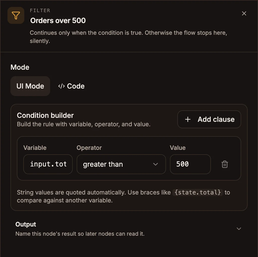 Filter panel in UI Mode with one clause: state.orderTotal greater than 500