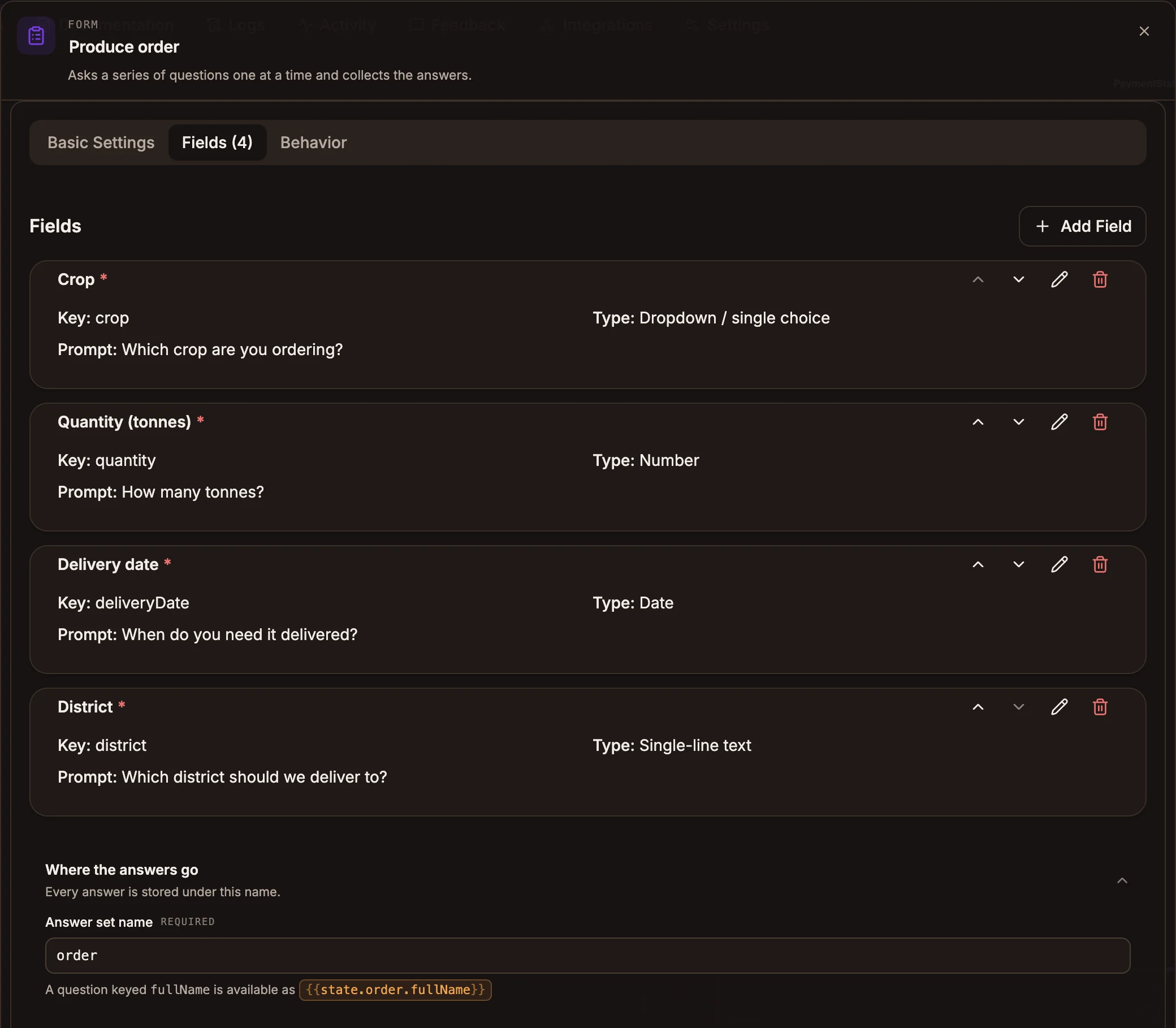 Form settings panel on the Fields tab, listing four fields with their keys, types and prompts