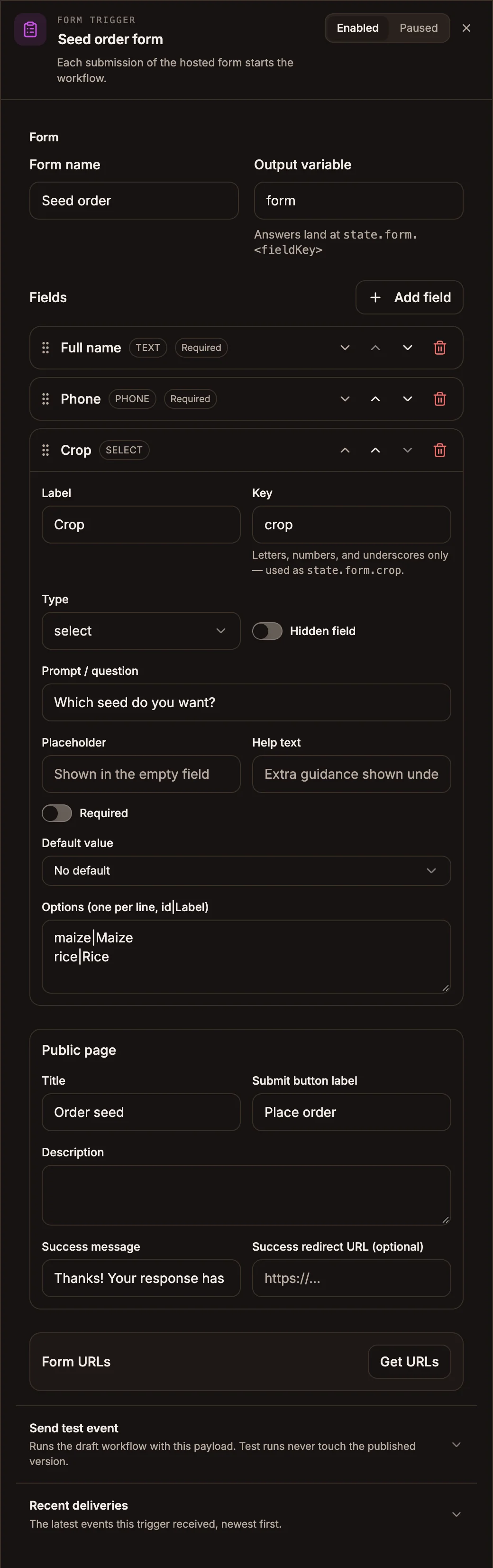 Form Trigger settings panel with three fields, the public page settings and the Test and Production URLs