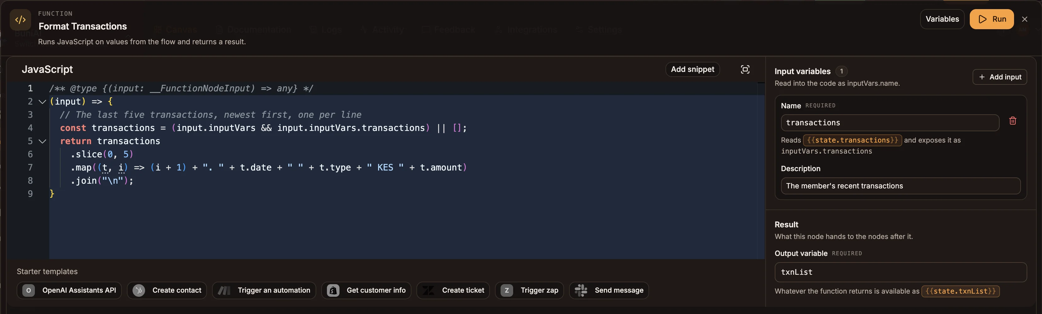 Function editor with code on the left and the Input variables, Result and Paths out sections on the right