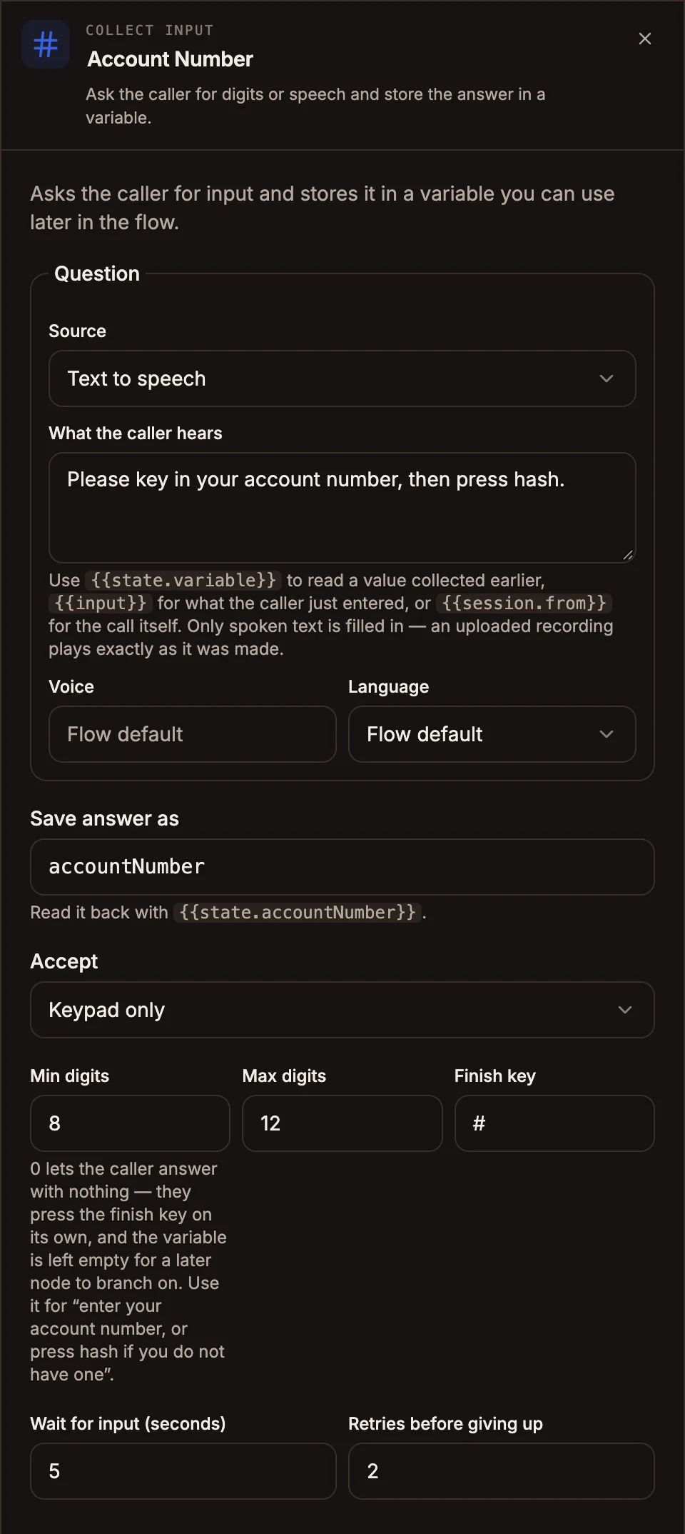 Collect Input settings panel asking for an account number and saving it as accountNumber