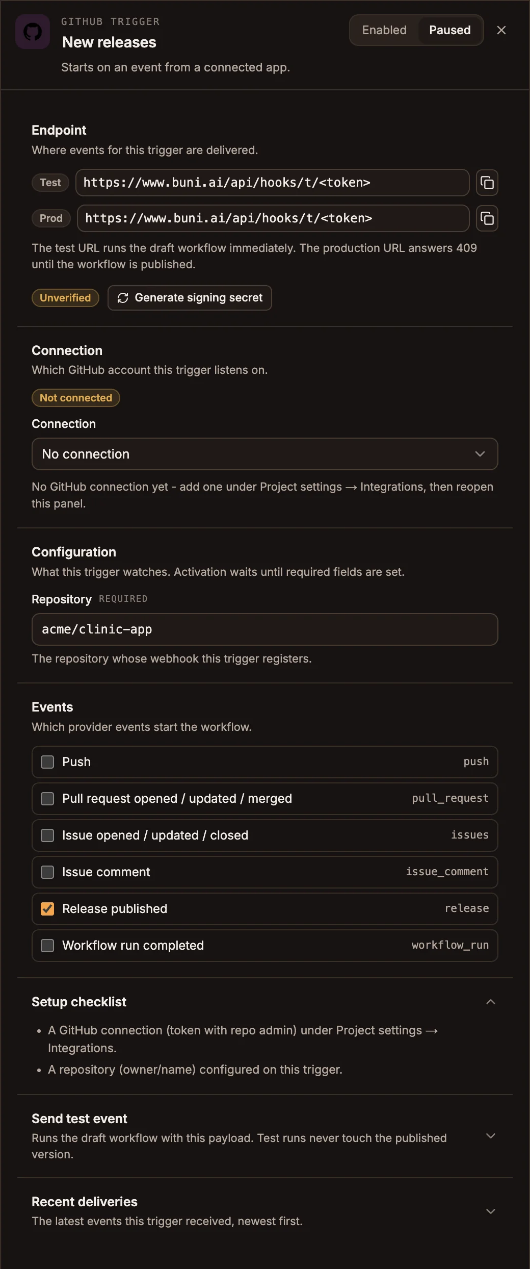 GitHub Trigger panel with its endpoint URLs, the GitHub connection picker, the Repository field and the Release published event selected